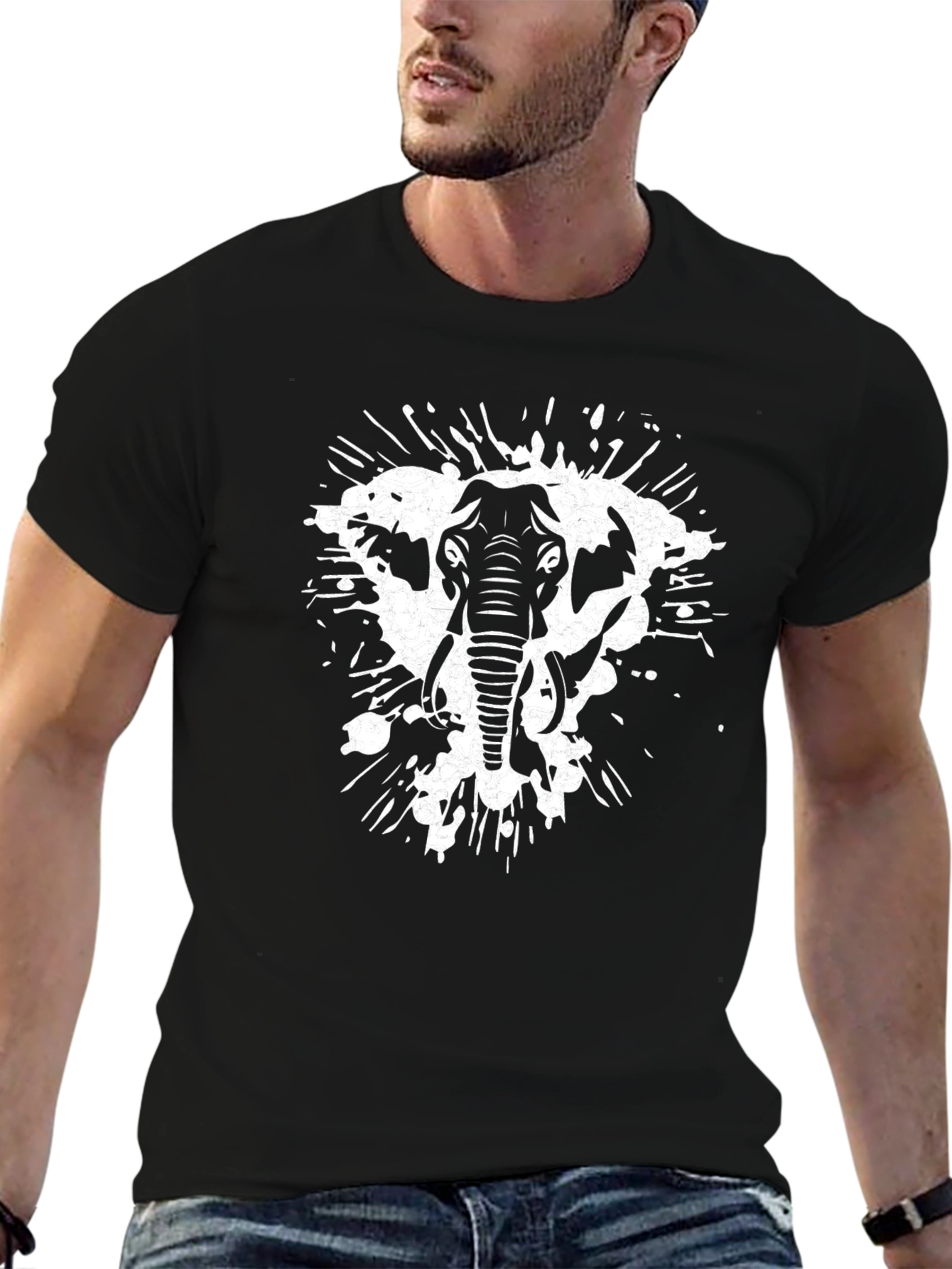 Elephant Splatter Graphic Tee - Black Cotton Shirt