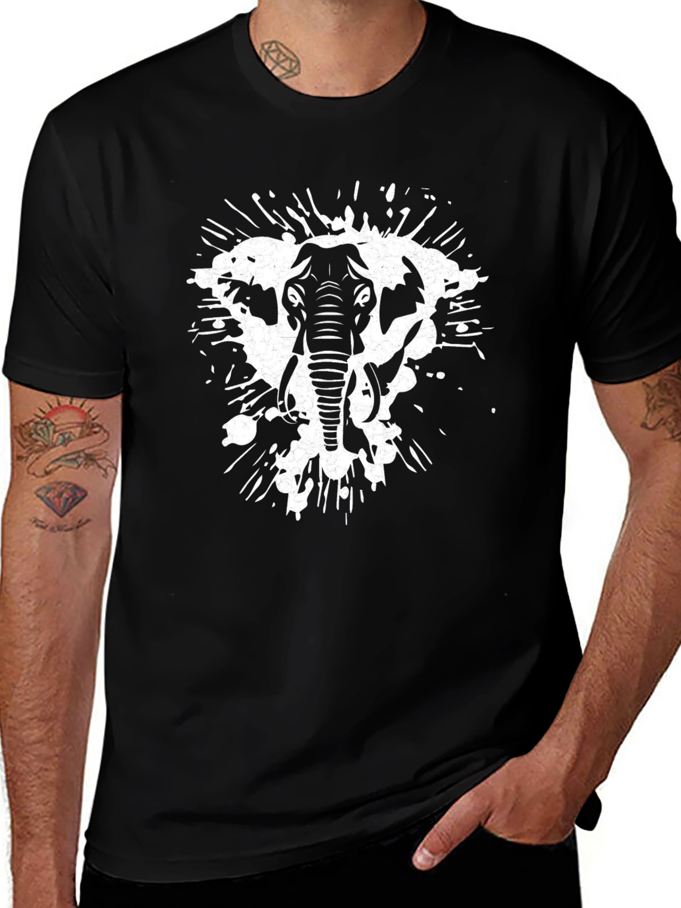 Elephant Splatter Graphic Tee - Black Cotton Shirt