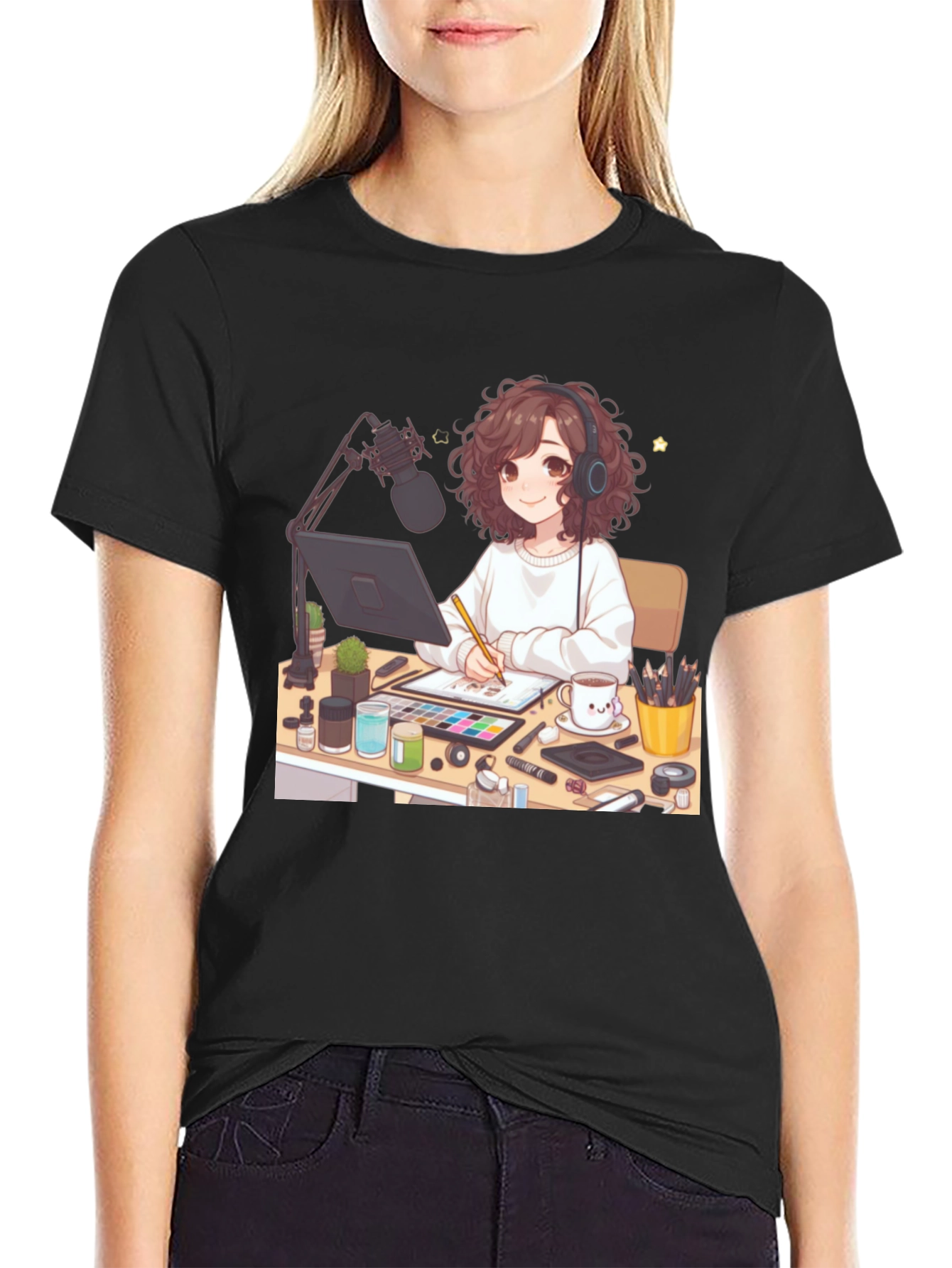 Anime Artist Graphic Tee - Stylish Black T-Shirt
