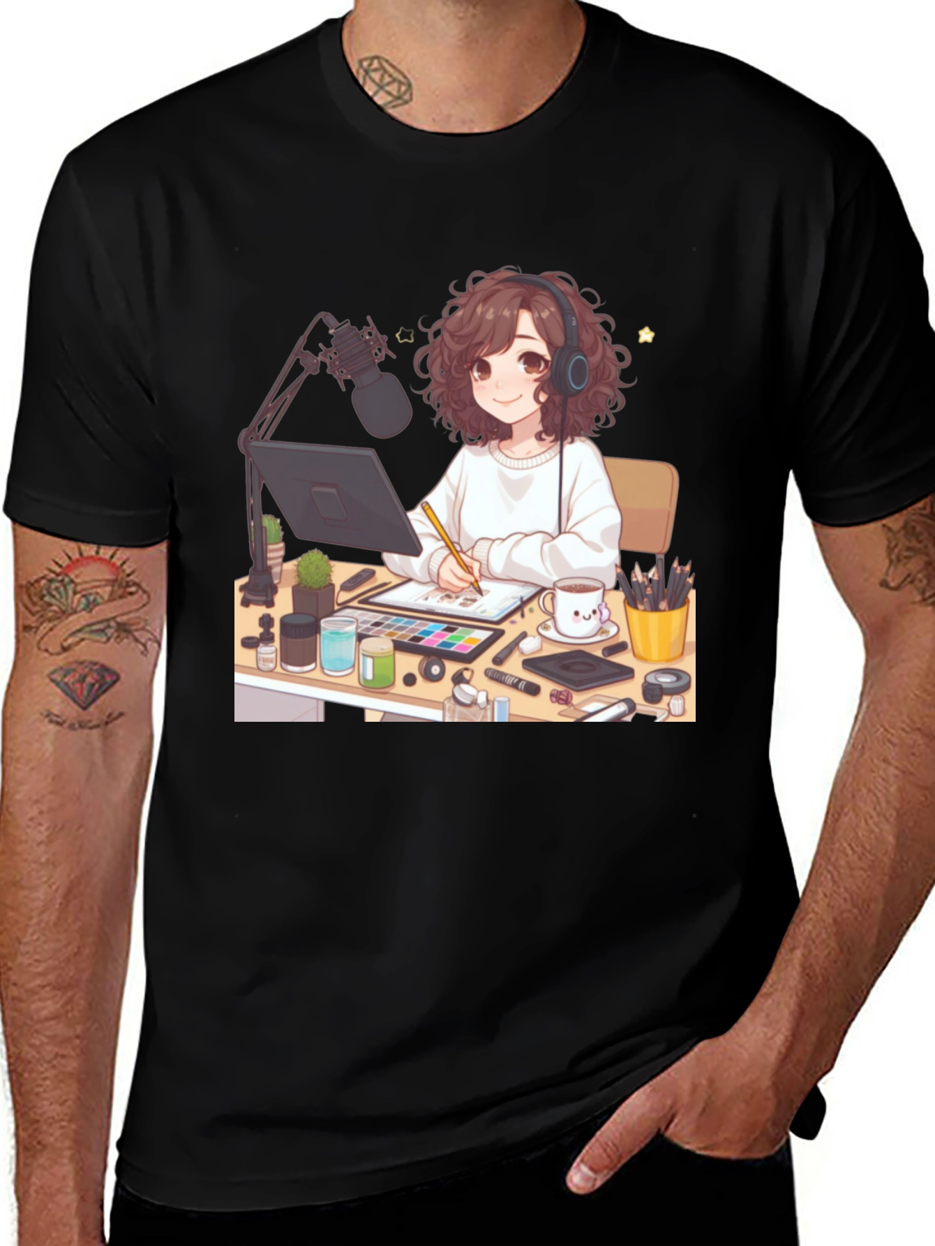 Anime Artist Graphic Tee - Stylish Black T-Shirt
