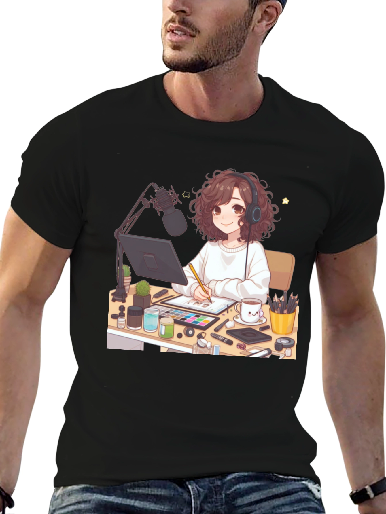 Anime Artist Graphic Tee - Stylish Black T-Shirt