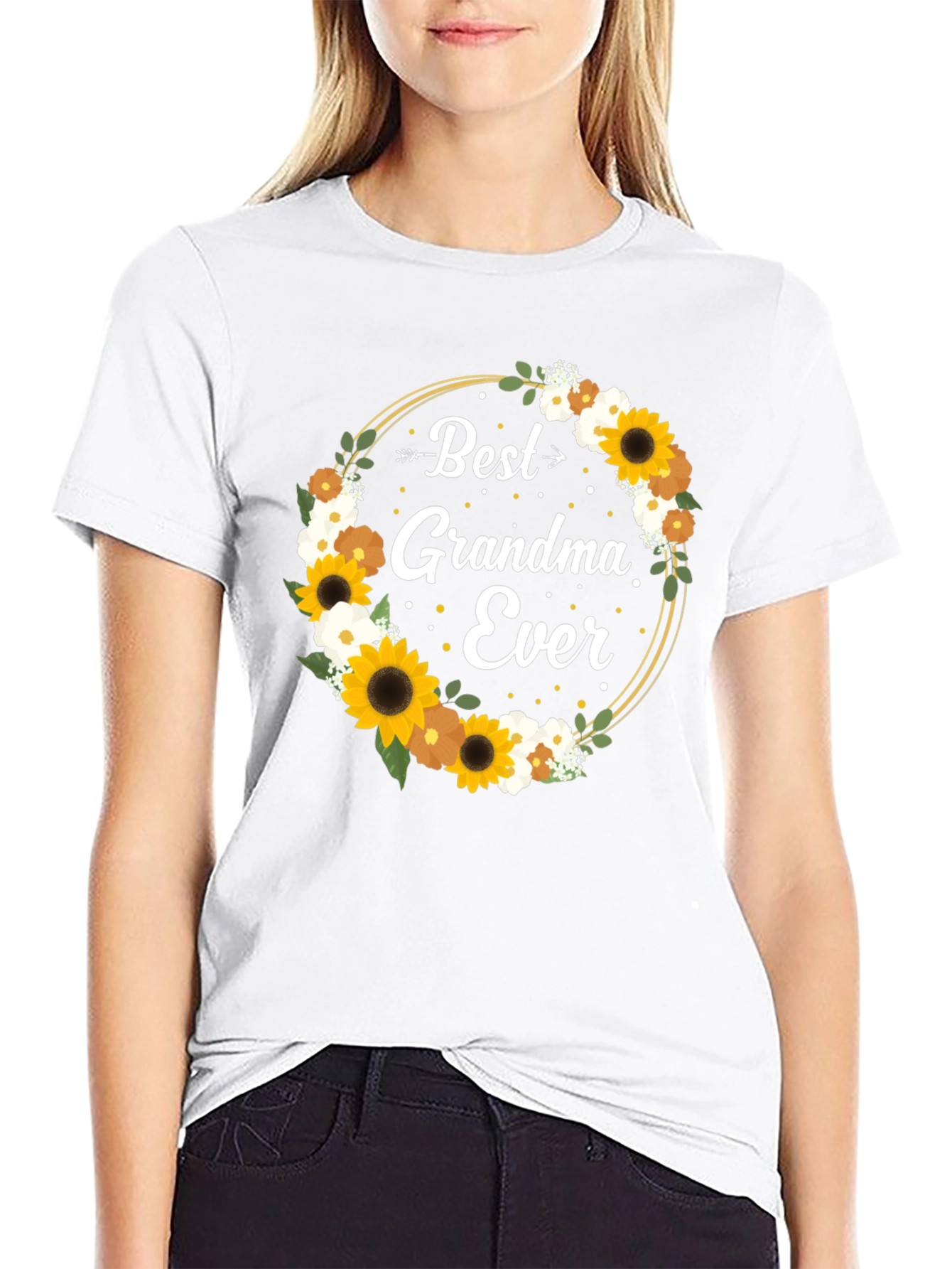 Best Grandma Ever Floral Wreath Black T-Shirt