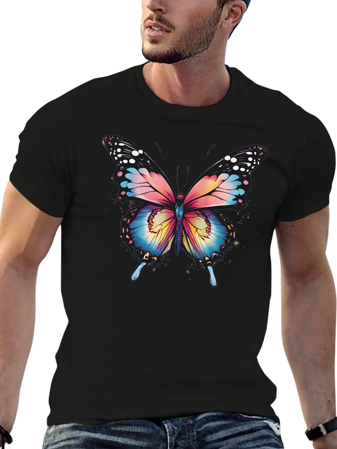 Butterfly Graphic Tee - Artistic Mens Black T-Shirt