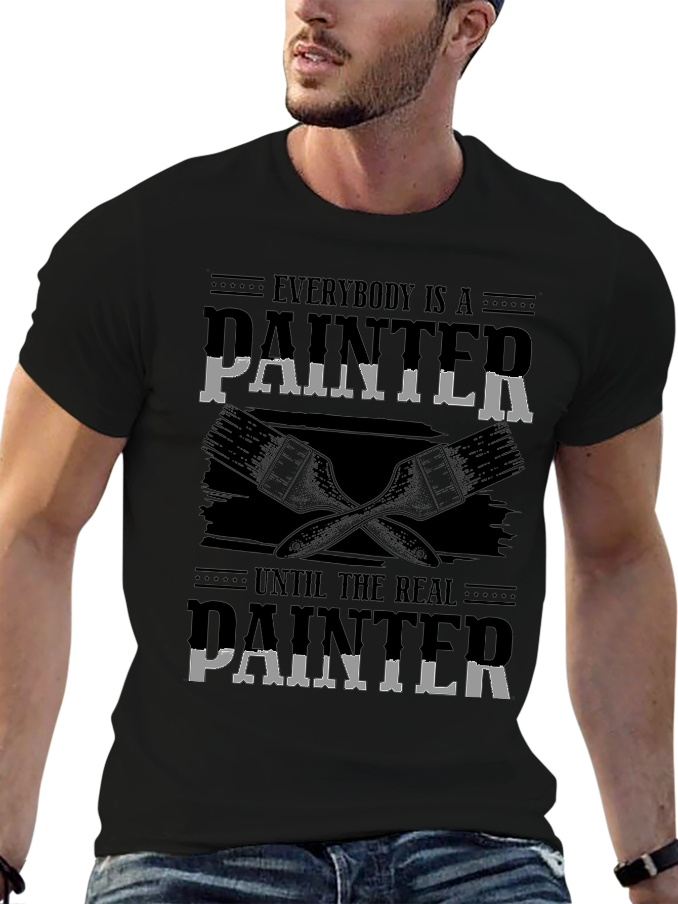 Humorous Real Painter Graphic Tee - Black Cotton