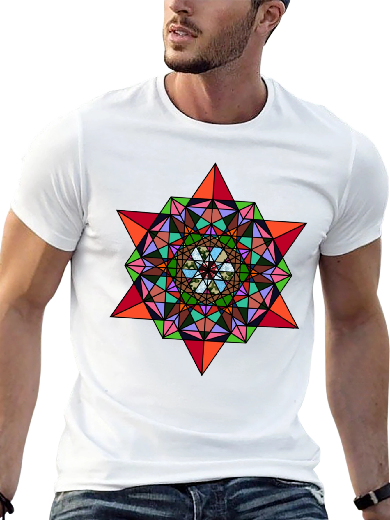 Geometric Mandala Star Graphic Tee - Modern Art Shirt