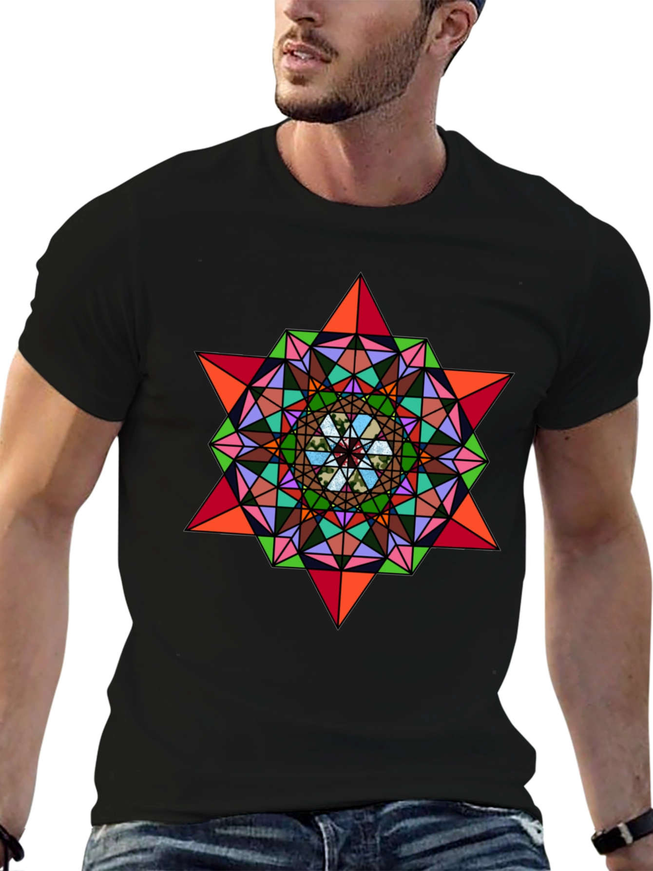 Geometric Mandala Star Graphic Tee - Modern Art Shirt