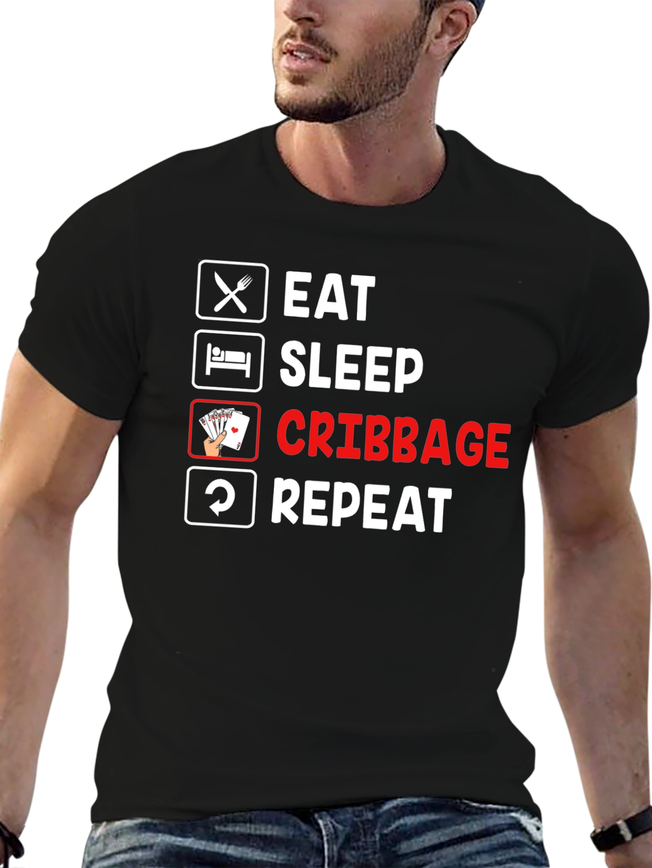 Eat Sleep Cribbage Repeat Black T-Shirt