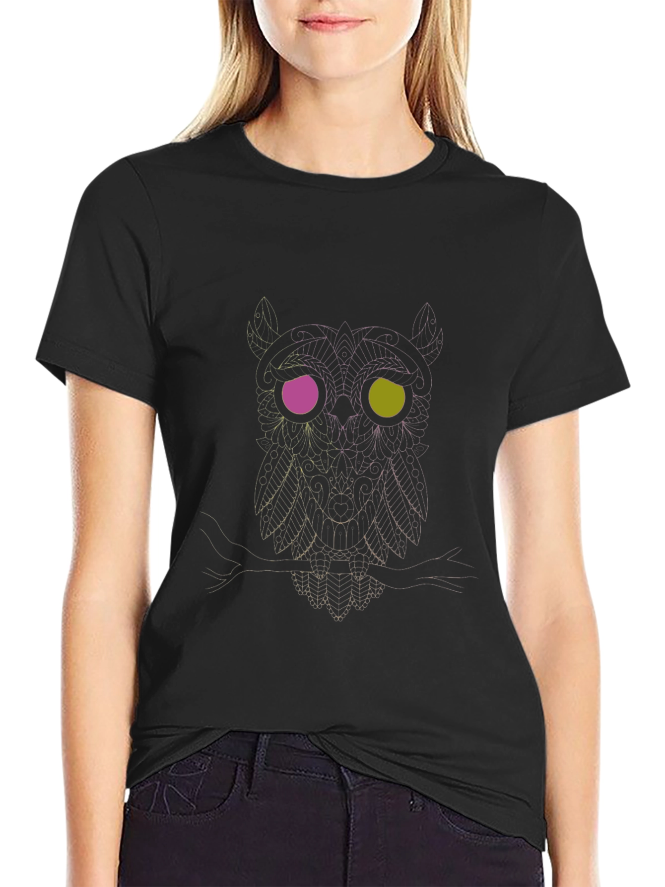 Mystic Owl Graphic Print Black T-Shirt