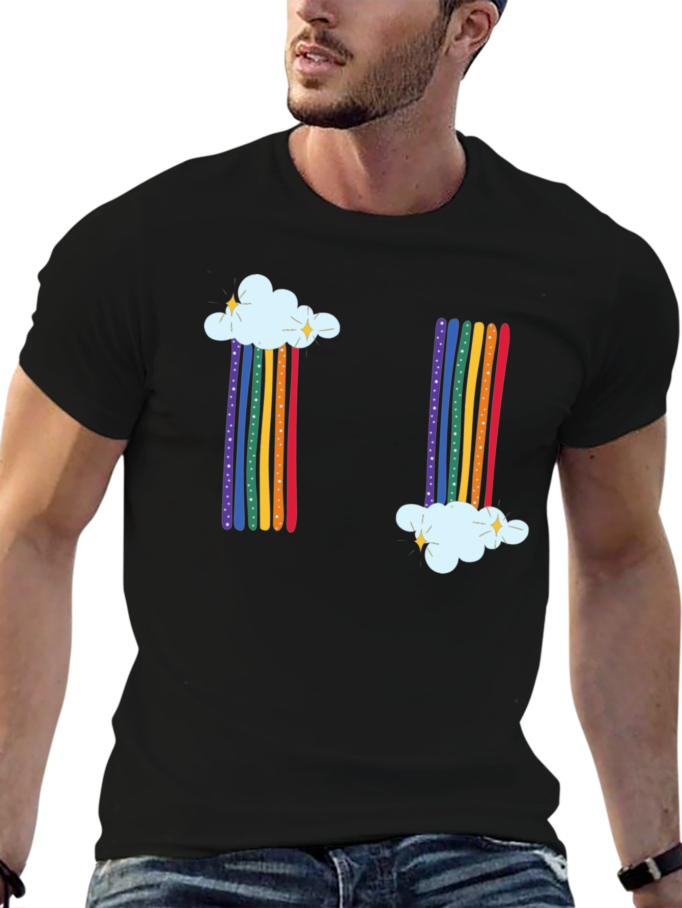Rainbow Cloud Graphic Tee - Whimsical Black T-Shirt