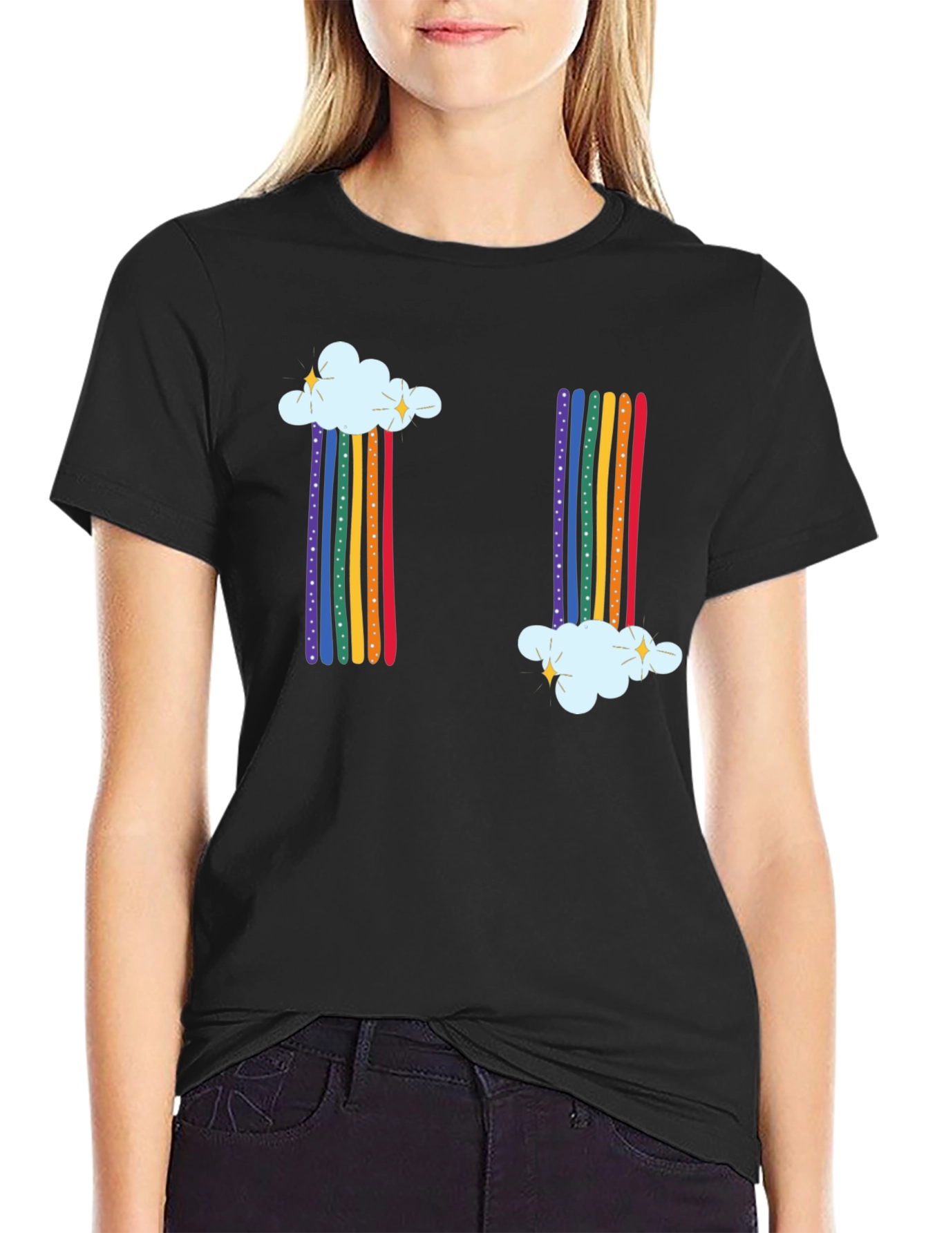 Rainbow Cloud Graphic Tee - Whimsical Black T-Shirt
