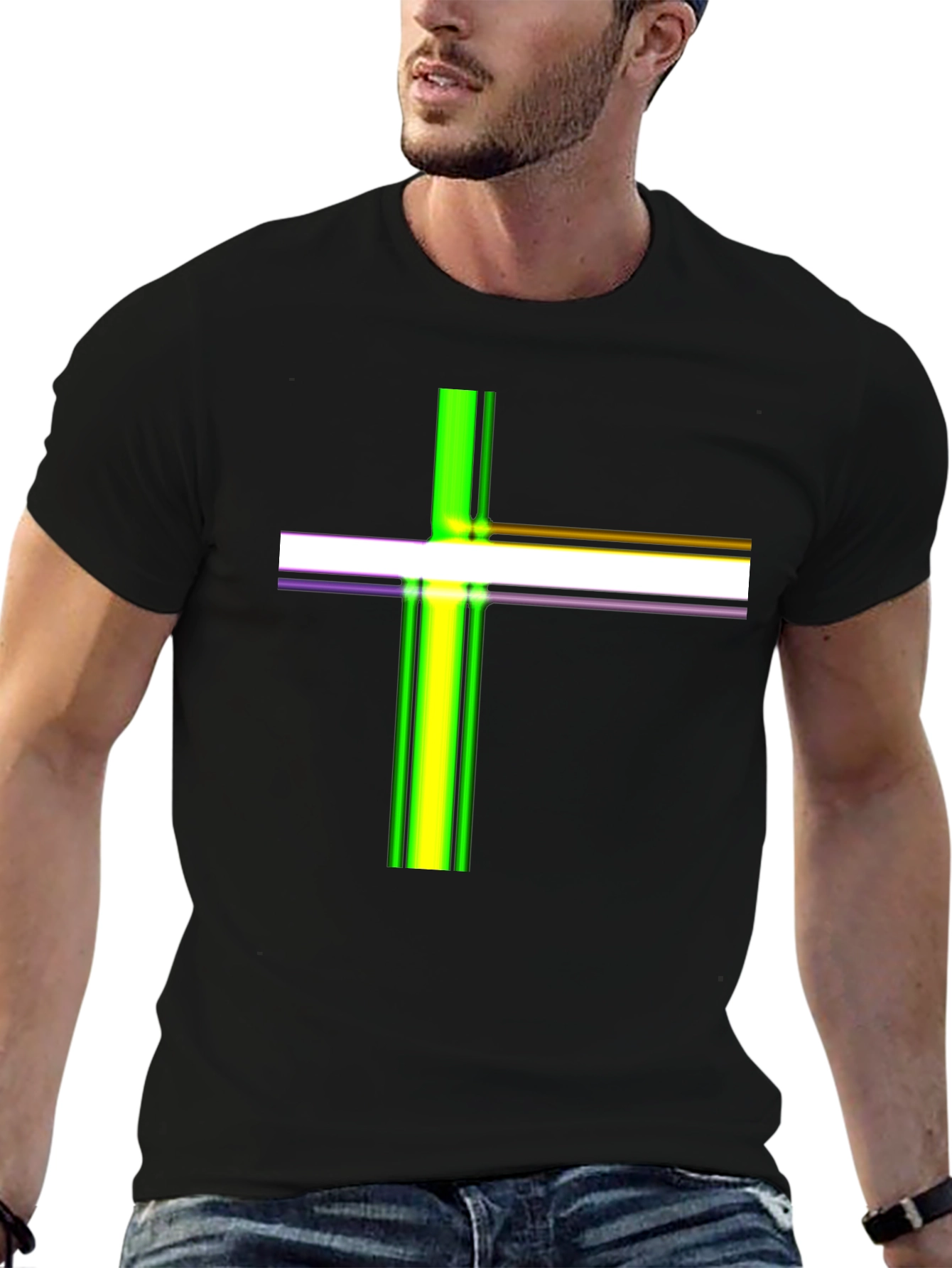 Striped Cross Graphic Black T-Shirt