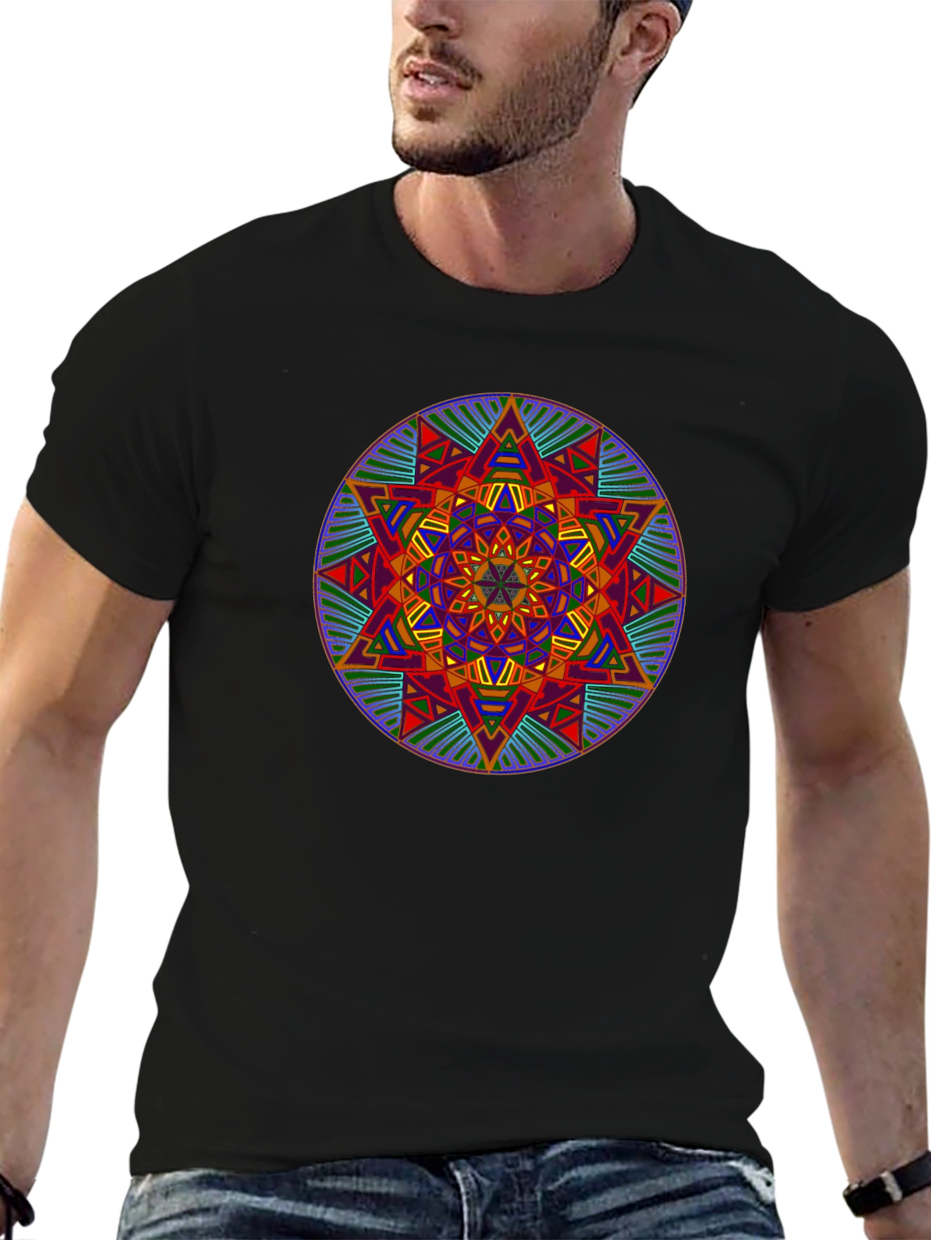 Geometric Mandala Graphic Print Black T-Shirt