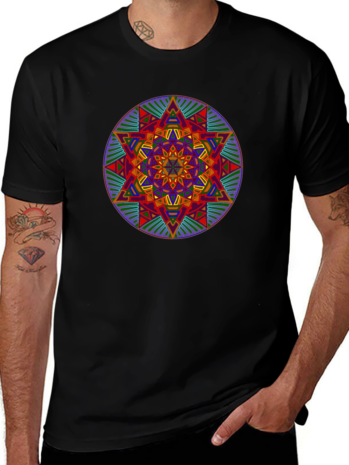 Geometric Mandala Graphic Print Black T-Shirt