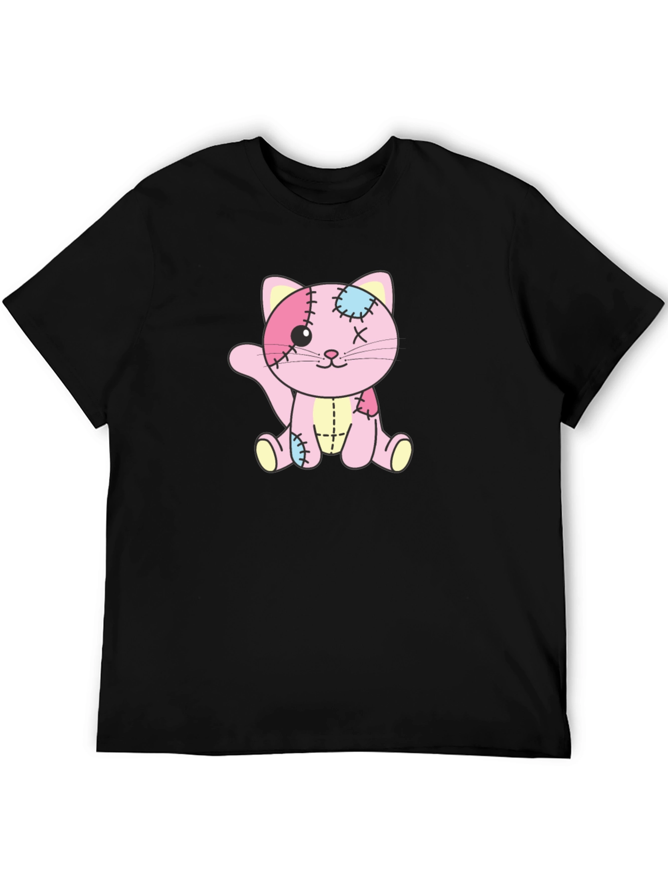Patchwork Kitten Graphic T-Shirt - Black