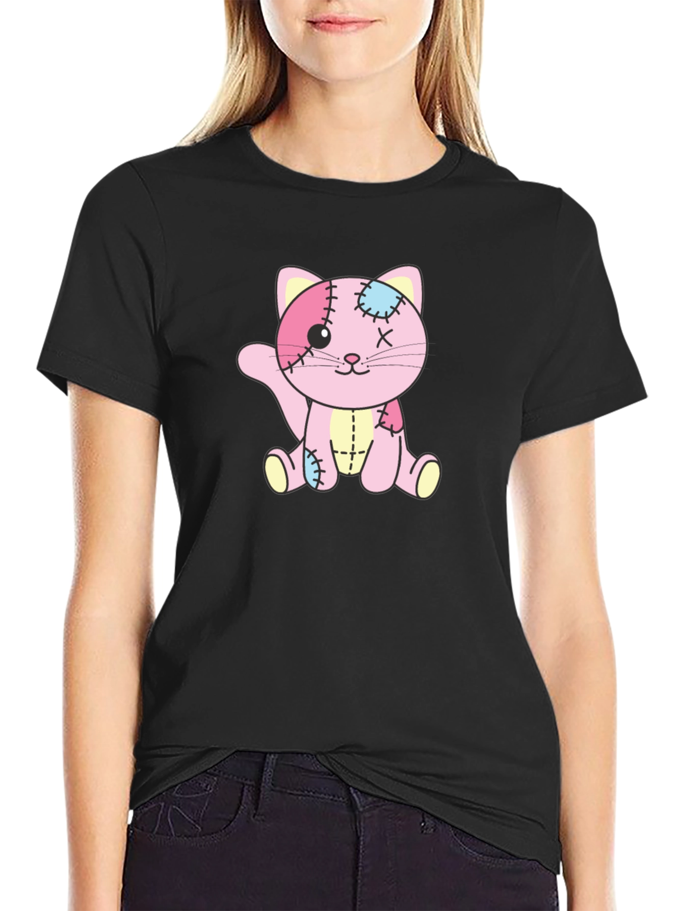 Patchwork Kitten Graphic T-Shirt - Black