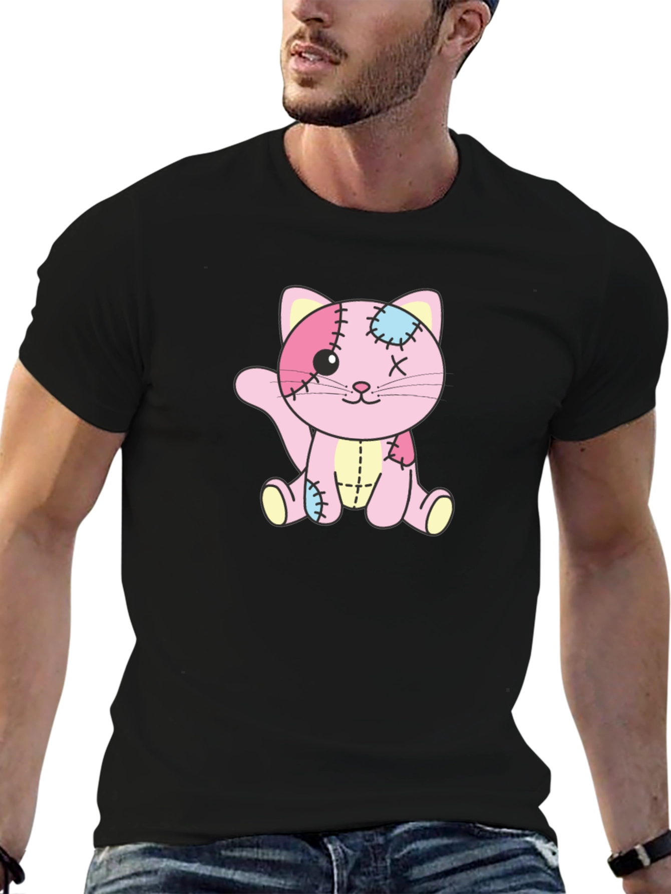Patchwork Kitten Graphic T-Shirt - Black