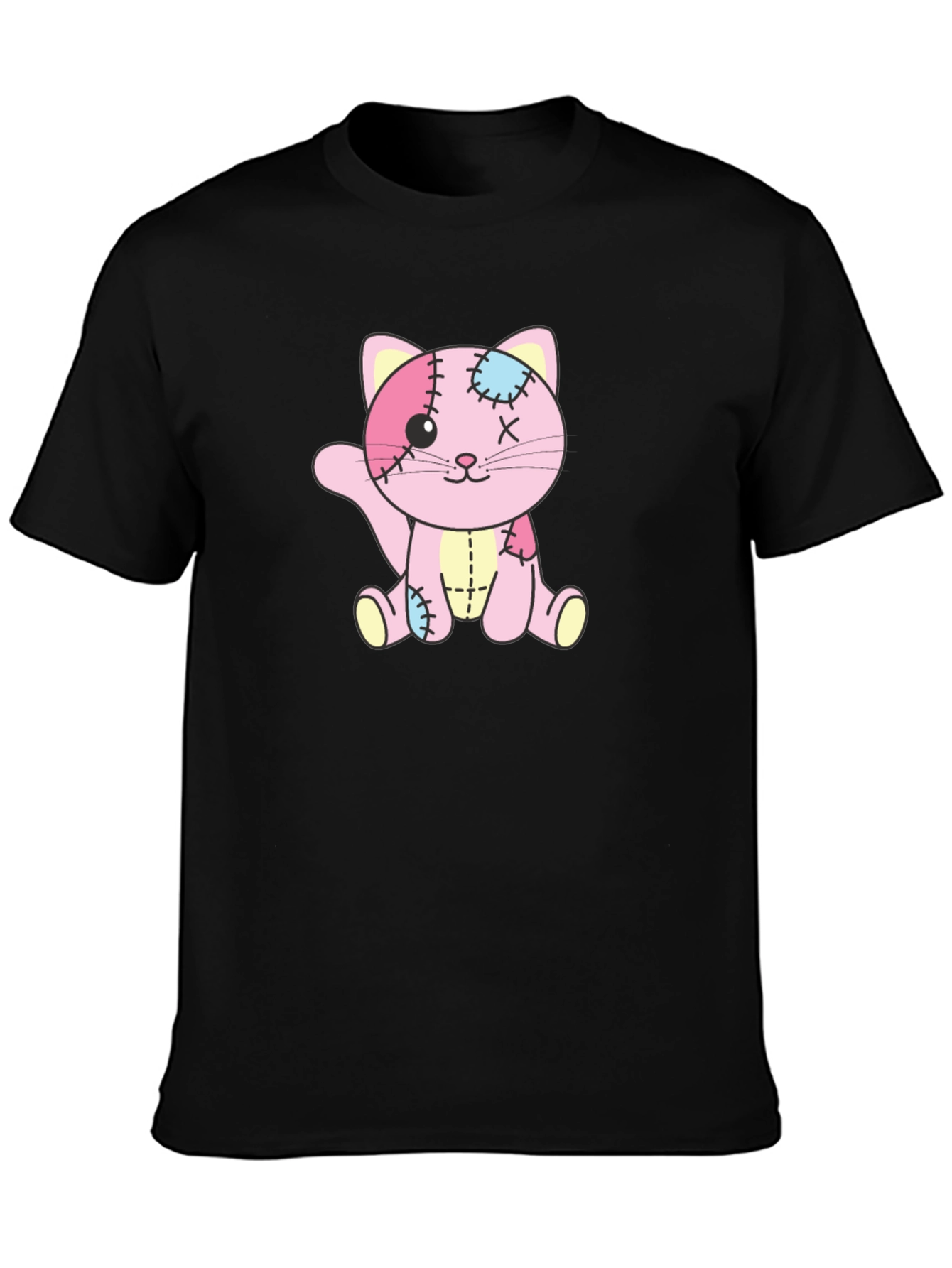 Patchwork Kitten Graphic T-Shirt - Black