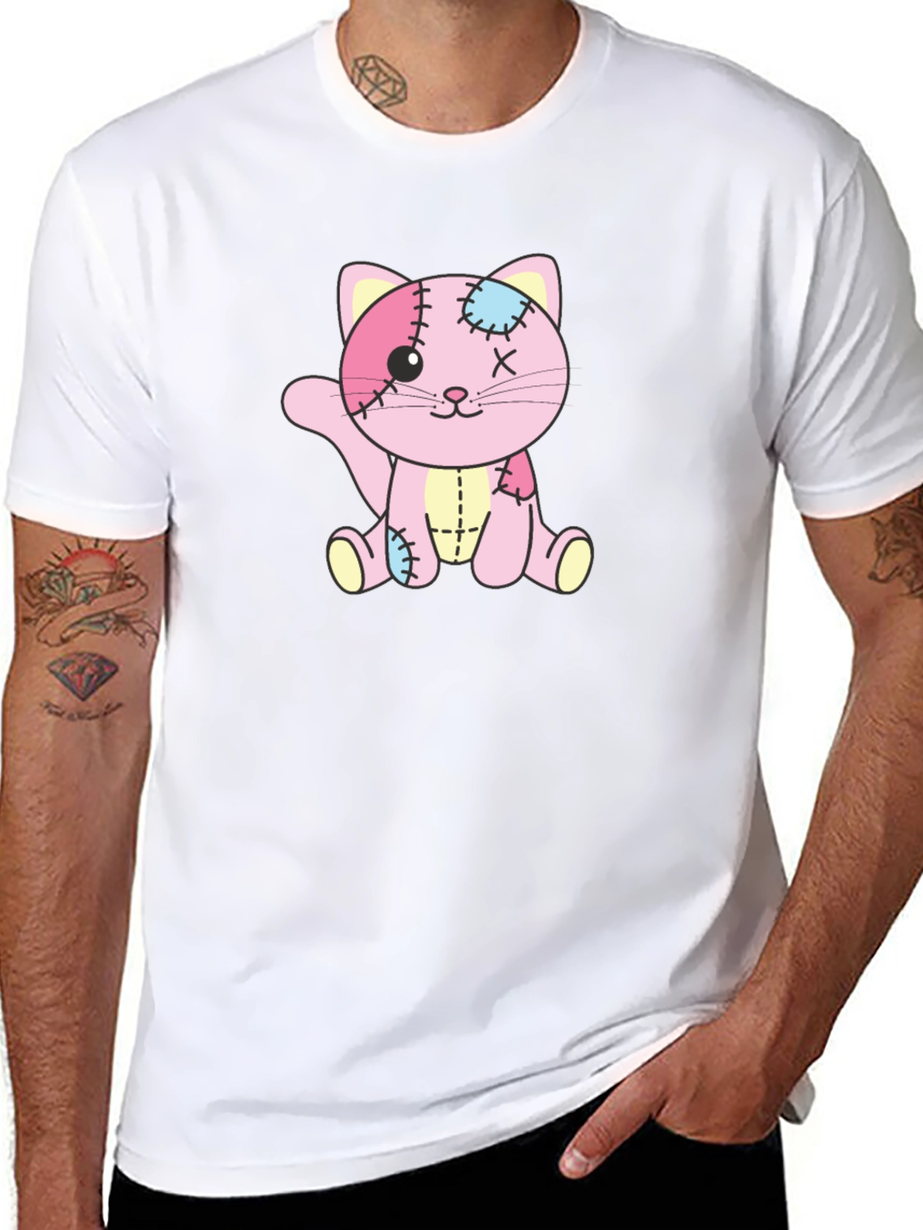 Patchwork Kitten Graphic T-Shirt - Black