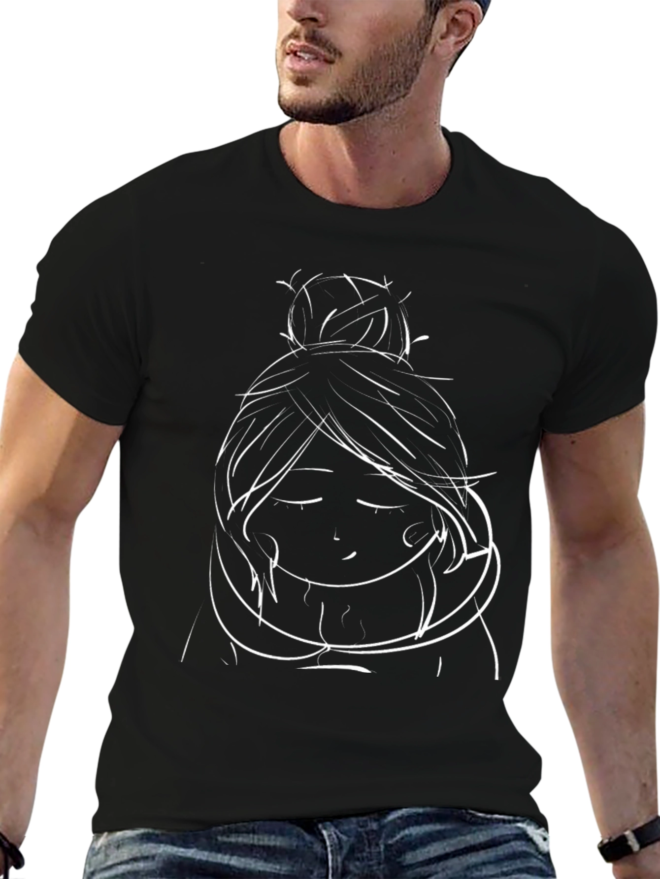 Minimalist Woman Bun Hairstyle Black T-Shirt