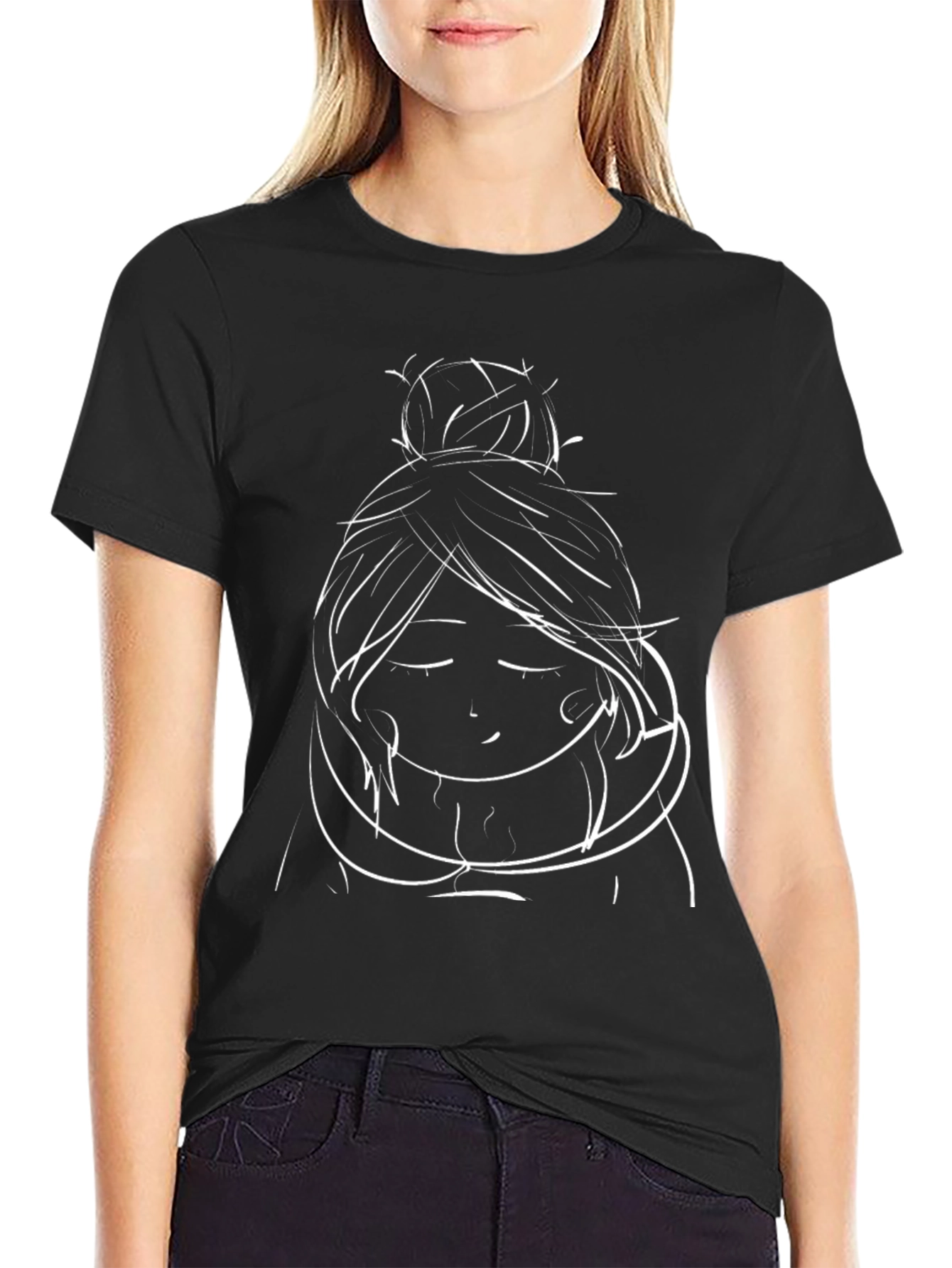 Minimalist Woman Bun Hairstyle Black T-Shirt