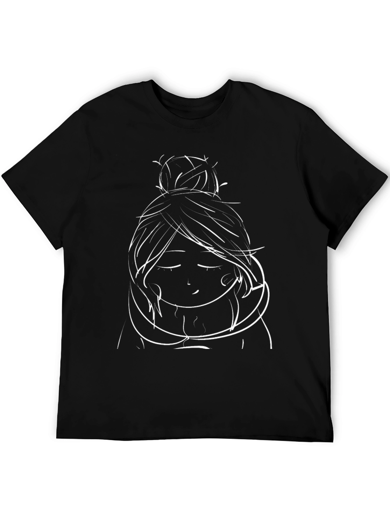 Minimalist Woman Bun Hairstyle Black T-Shirt