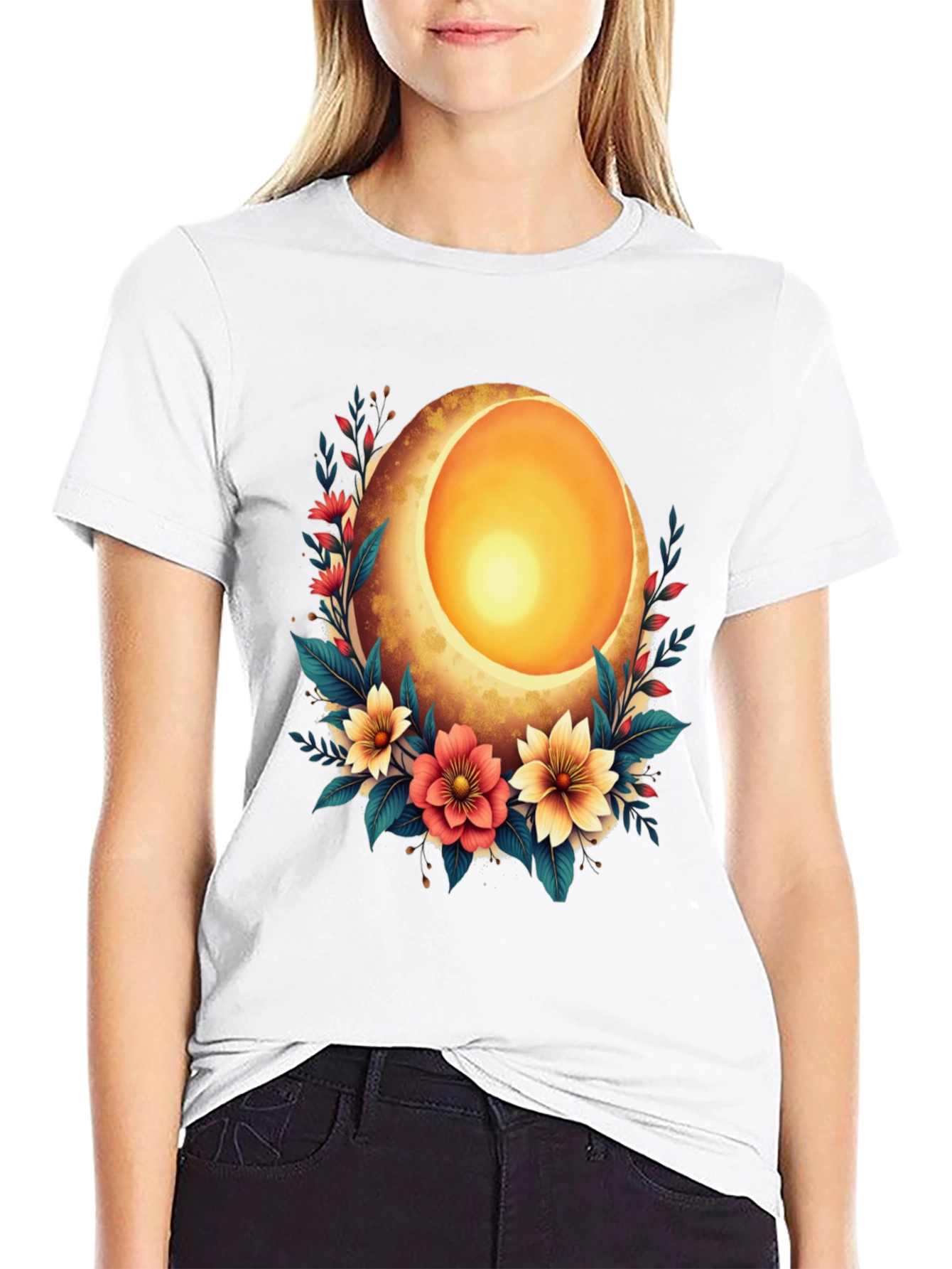Floral Sun Egg Graphic Black T-Shirt