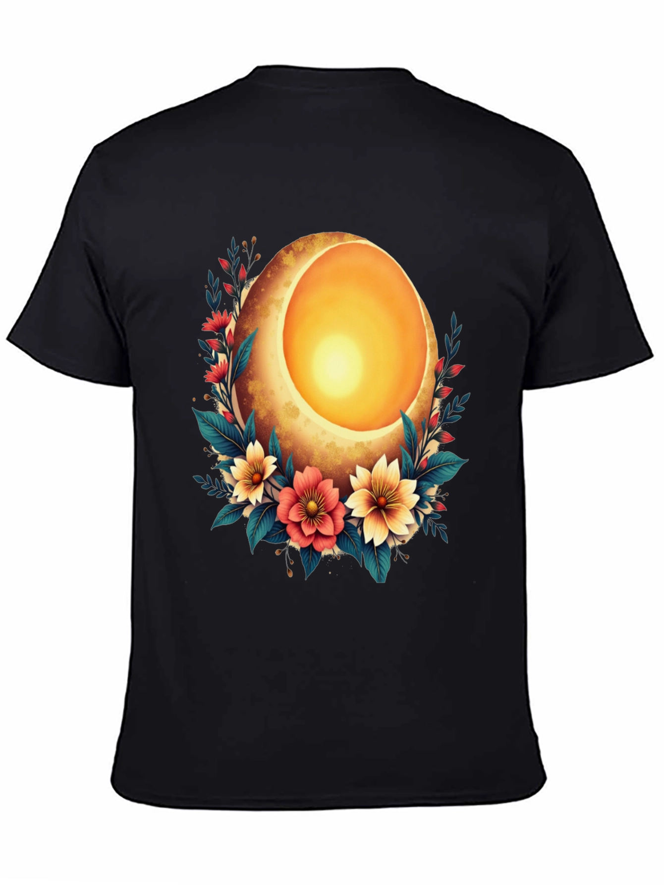 Floral Sun Egg Graphic Black T-Shirt