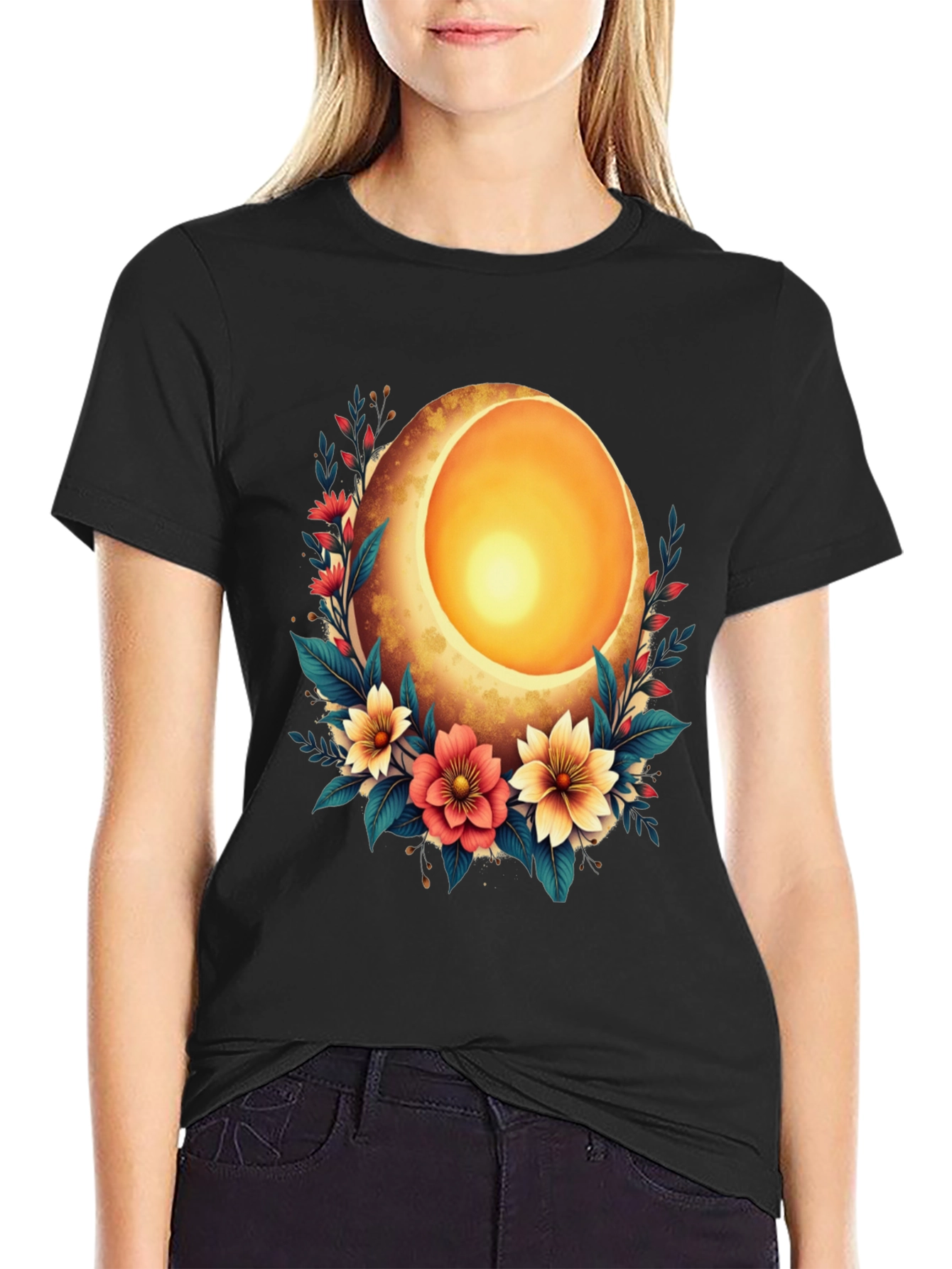 Floral Sun Egg Graphic Black T-Shirt