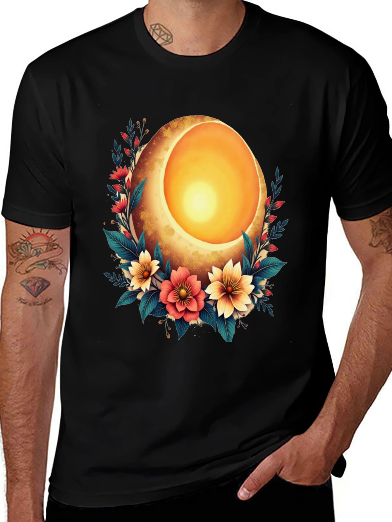 Floral Sun Egg Graphic Black T-Shirt