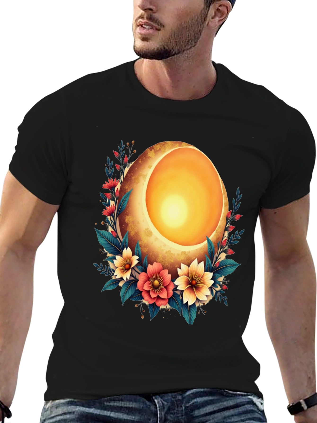 Floral Sun Egg Graphic Black T-Shirt