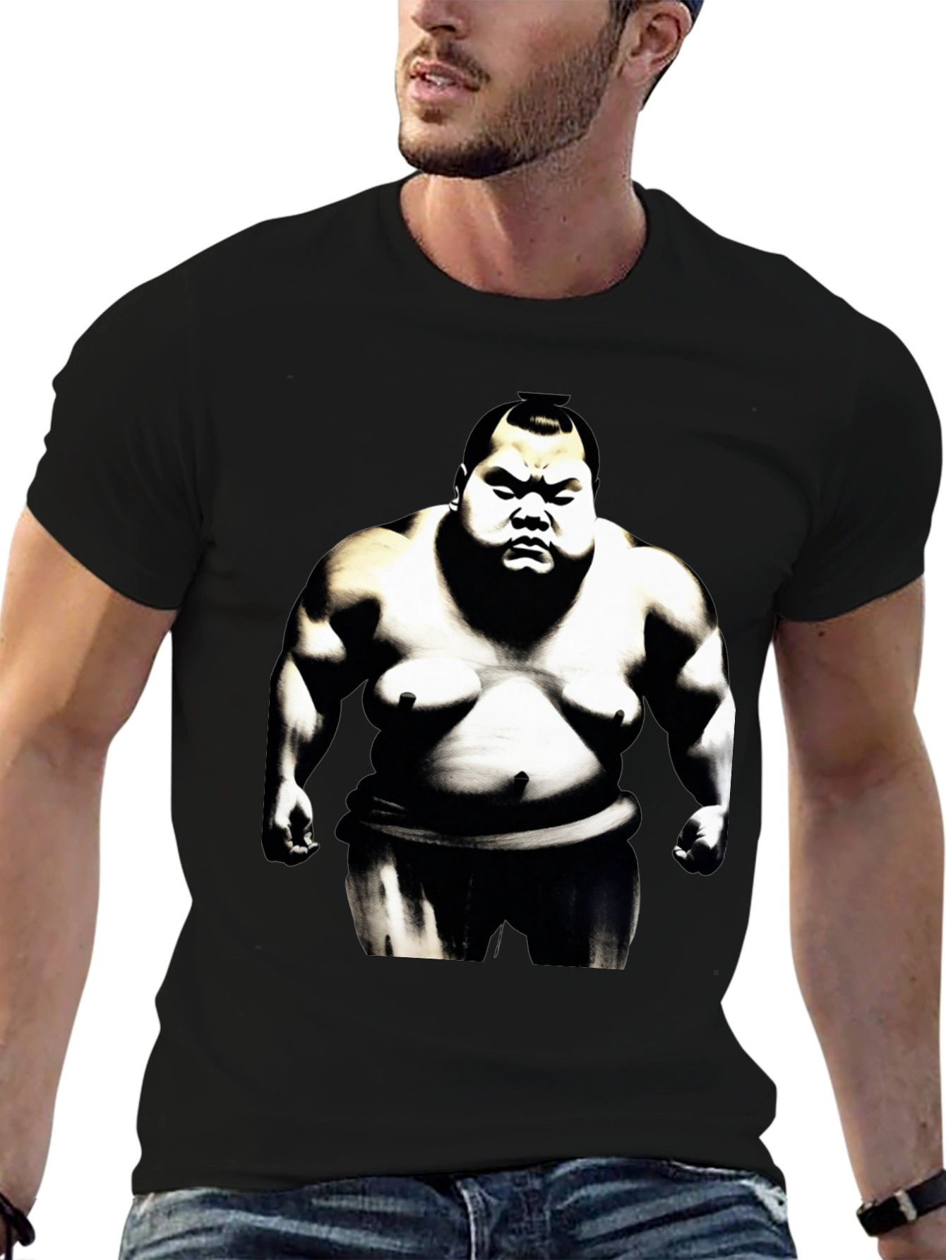 Sumo Wrestler Graphic Tee - Black Cotton Blend
