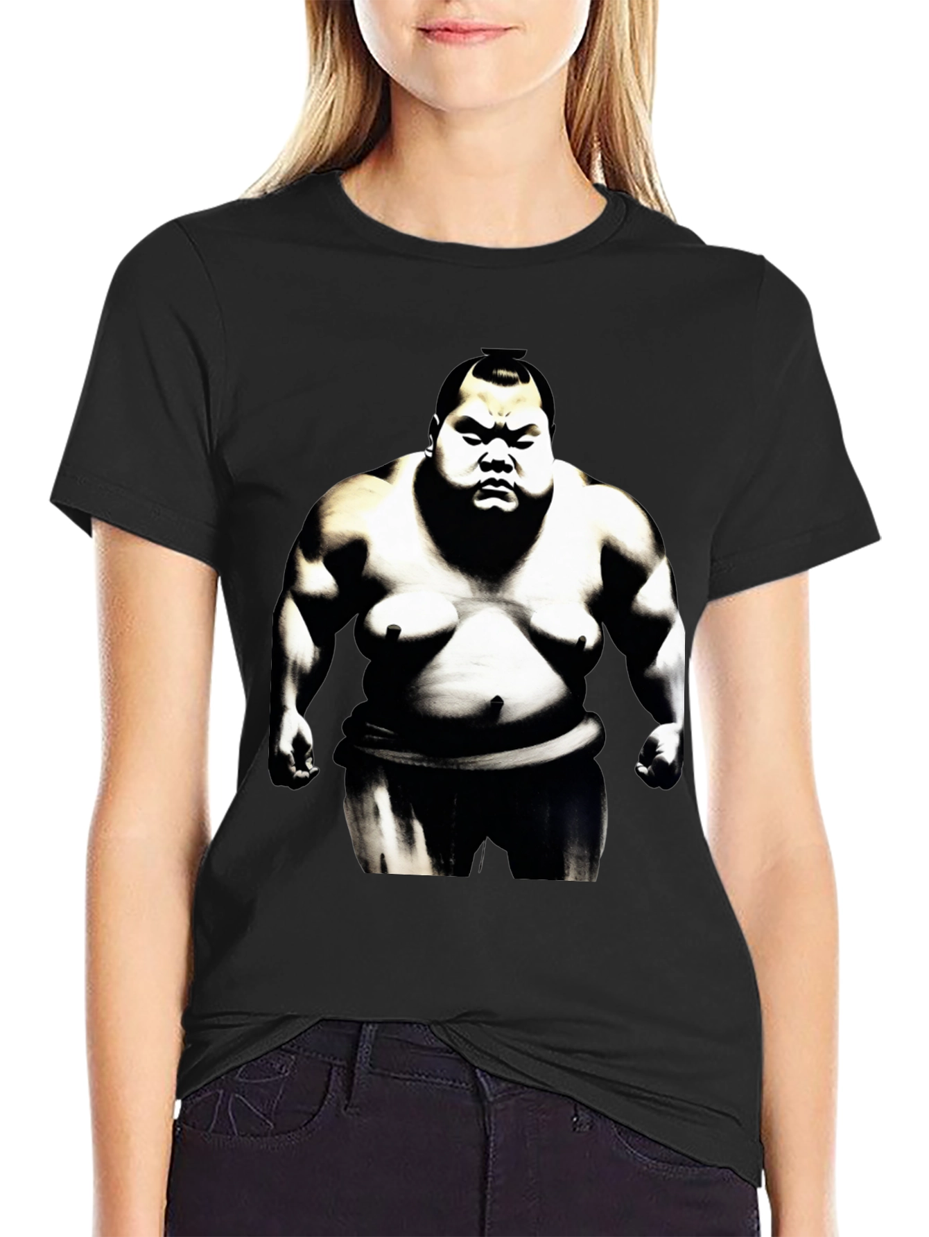 Sumo Wrestler Graphic Tee - Black Cotton Blend