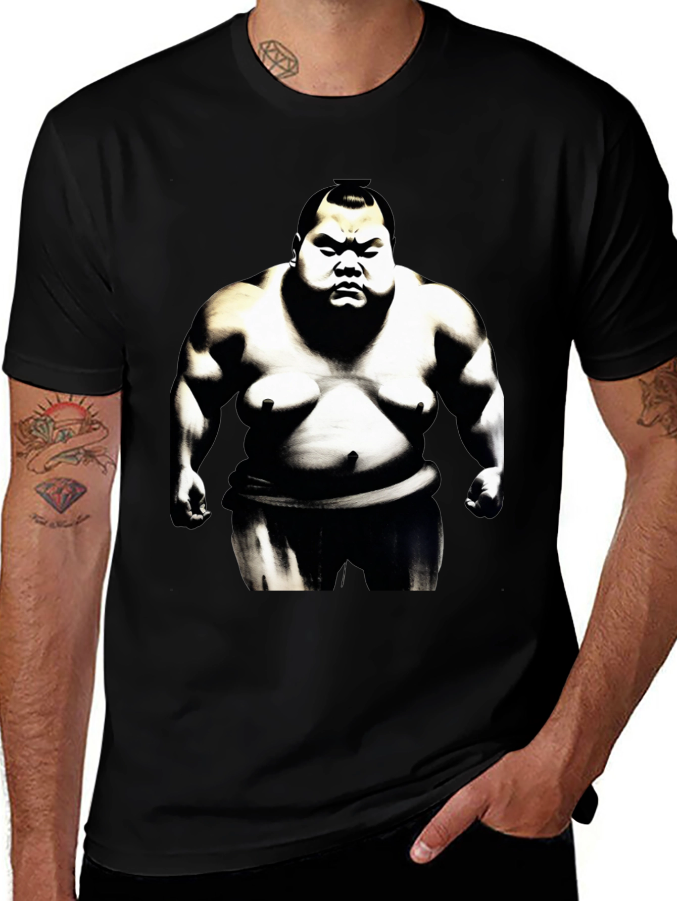 Sumo Wrestler Graphic Tee - Black Cotton Blend