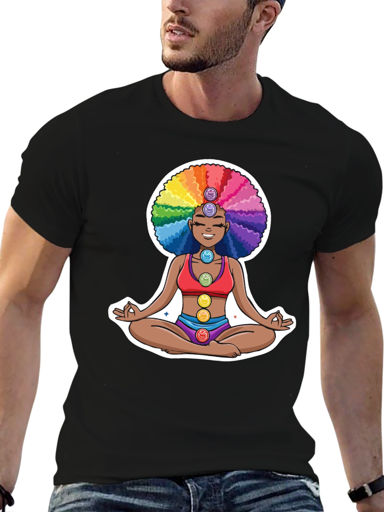 Chakra Afro T-Shirt: Meditating Rainbow Yoga Tee