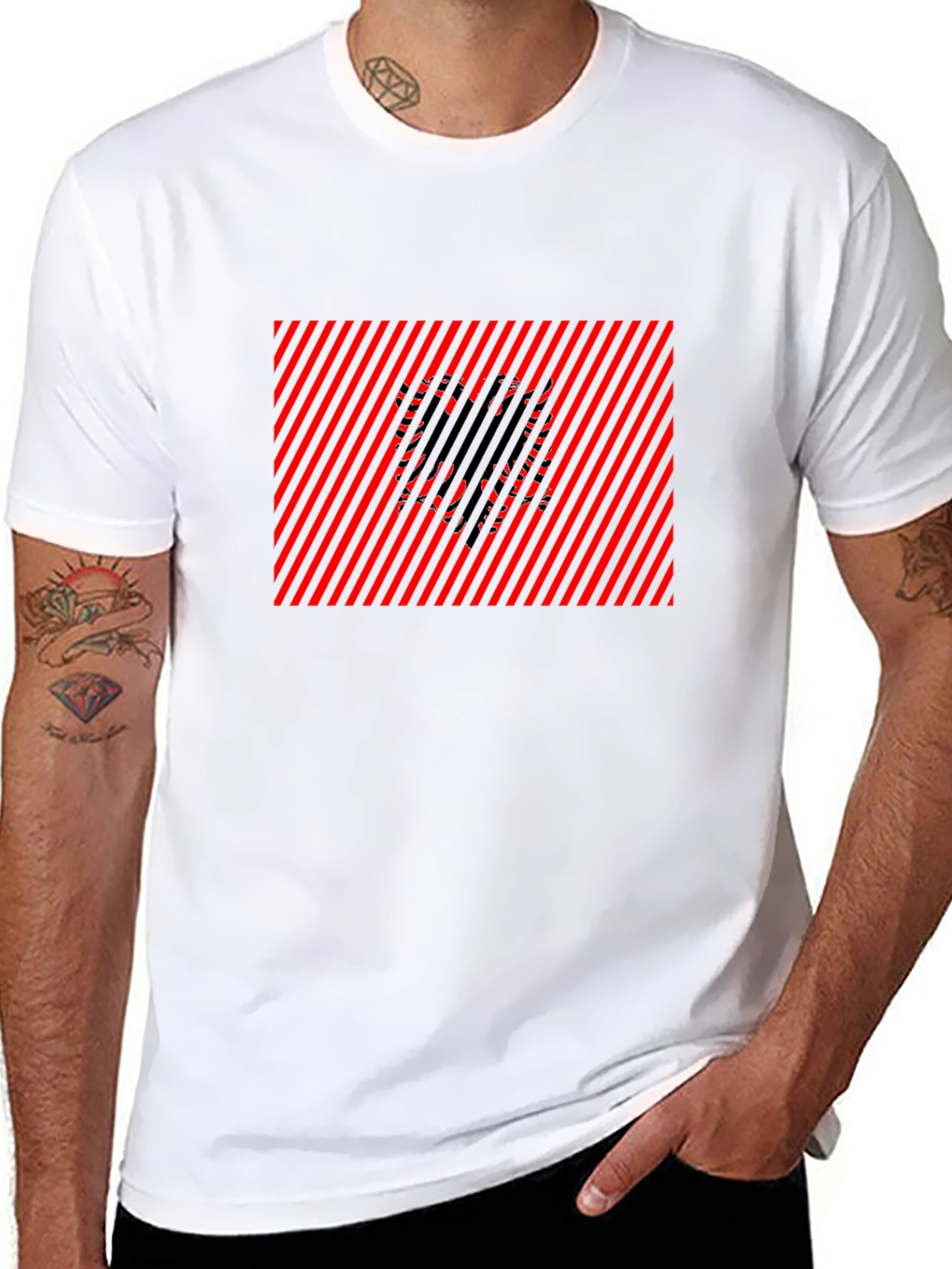 Albanian Eagle Graphic Tee - Red & Black Stripes