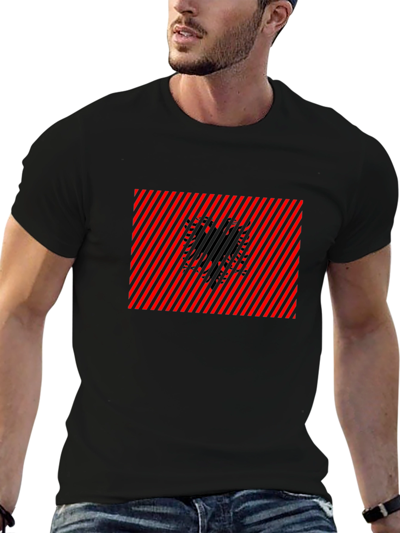 Albanian Eagle Graphic Tee - Red & Black Stripes