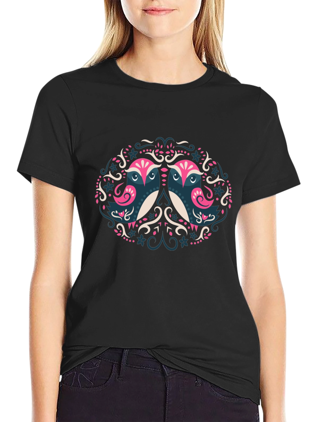 Artistic Owl Graphic Print Black T-Shirt