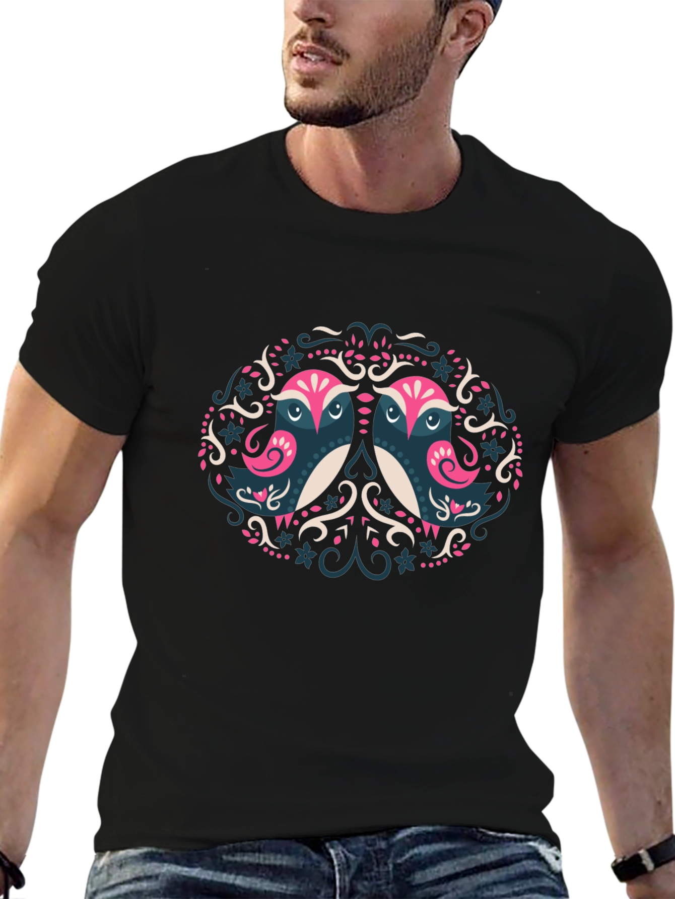Artistic Owl Graphic Print Black T-Shirt