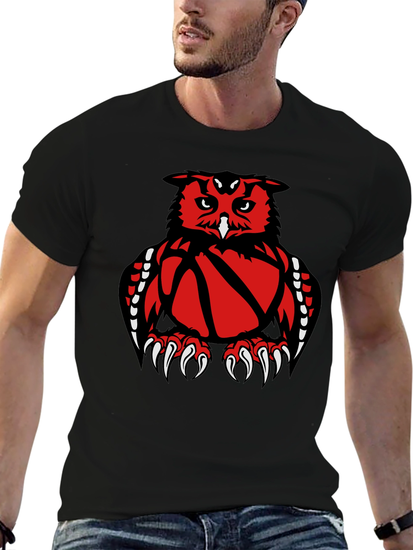 Owl Basketball Graphic Tee - Black Cotton T-Shirt