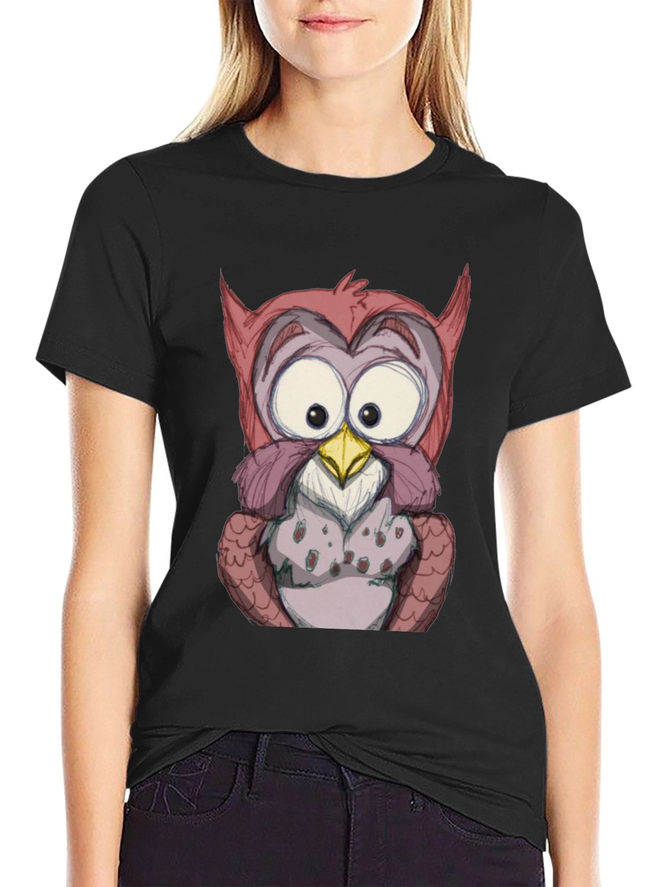 Cartoon Owl Graphic Black T-Shirt