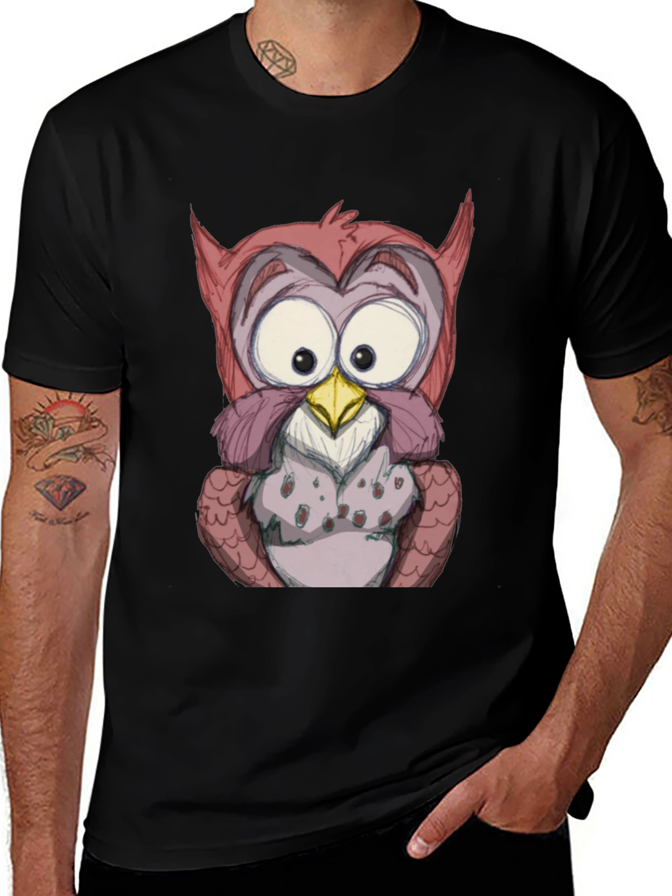 Cartoon Owl Graphic Black T-Shirt