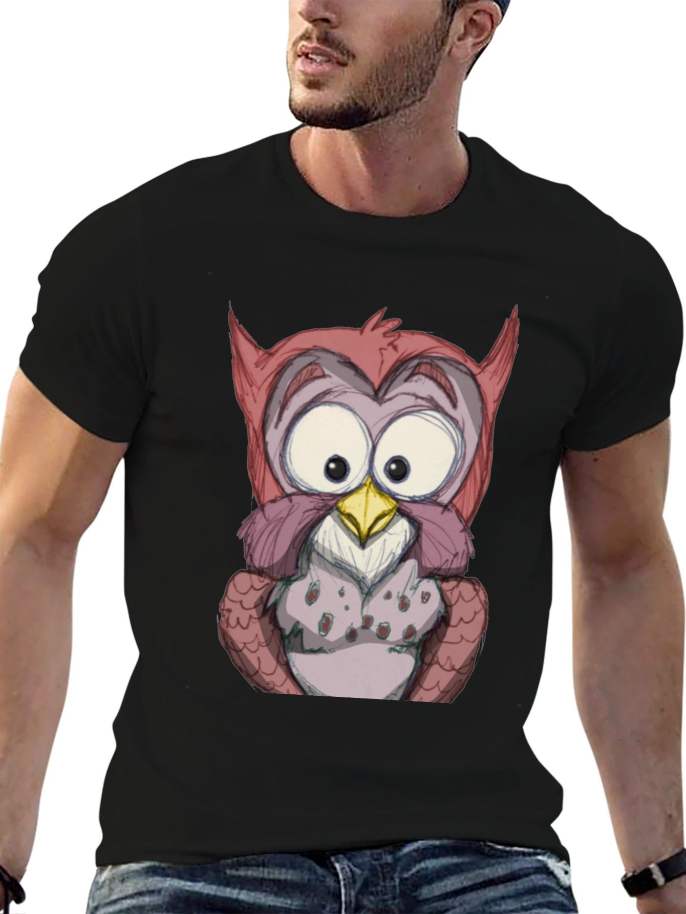 Cartoon Owl Graphic Black T-Shirt
