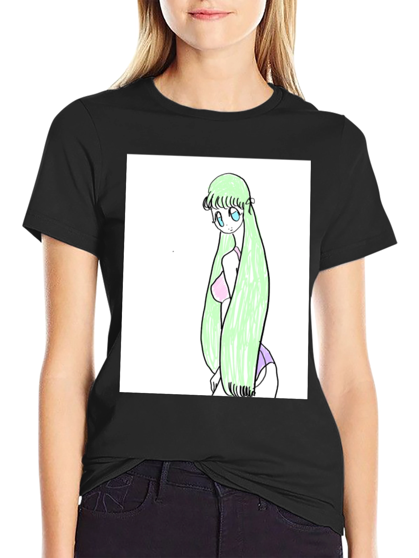 Anime Girl Graphic Tee - Black Cotton T-Shirt