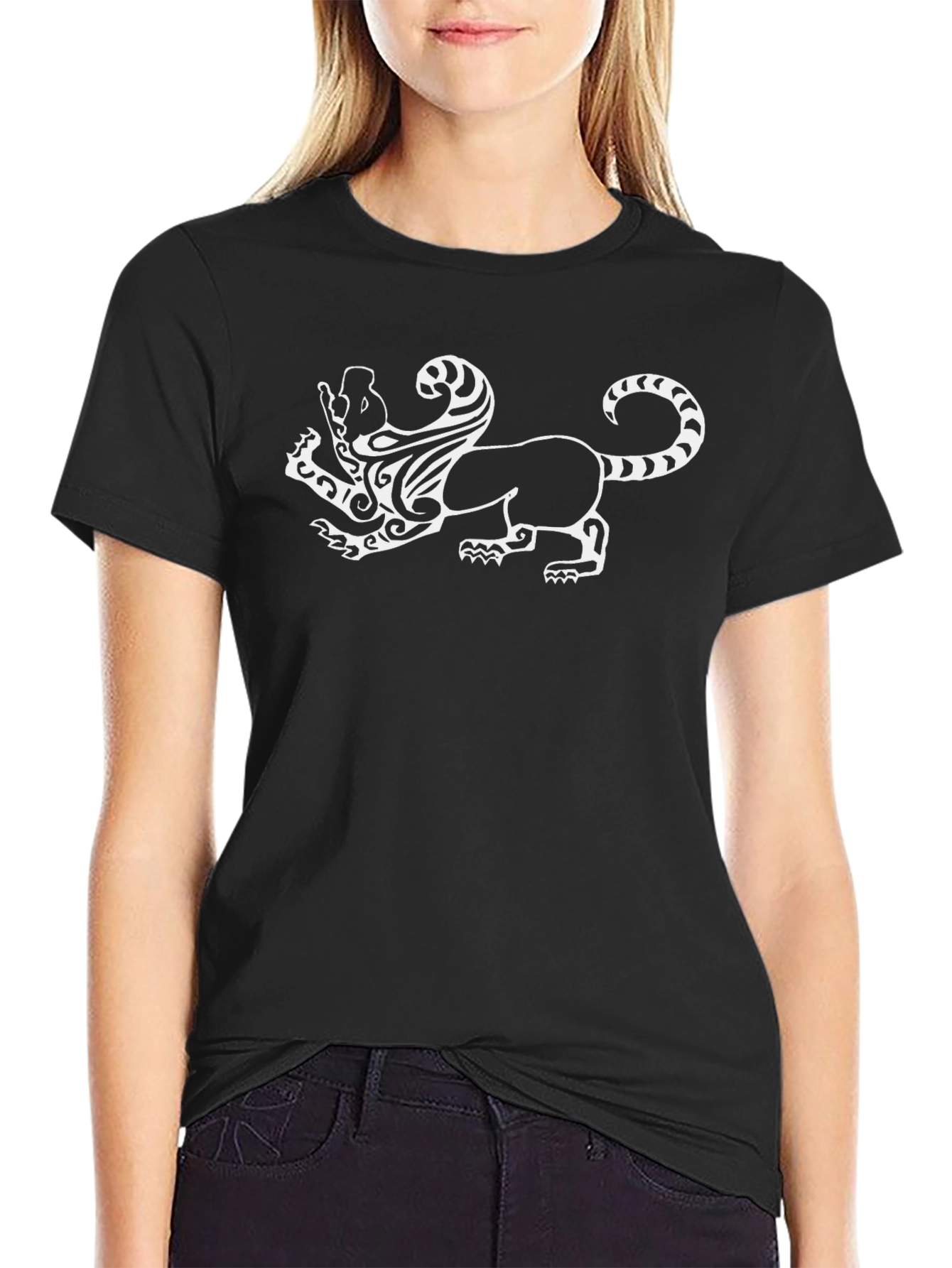 Black T-Shirt with White Mythical Lion Design