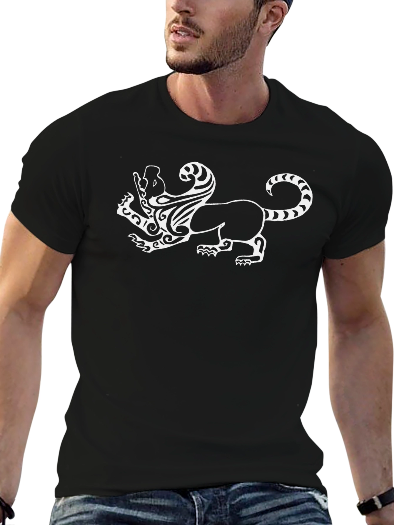 Black T-Shirt with White Mythical Lion Design