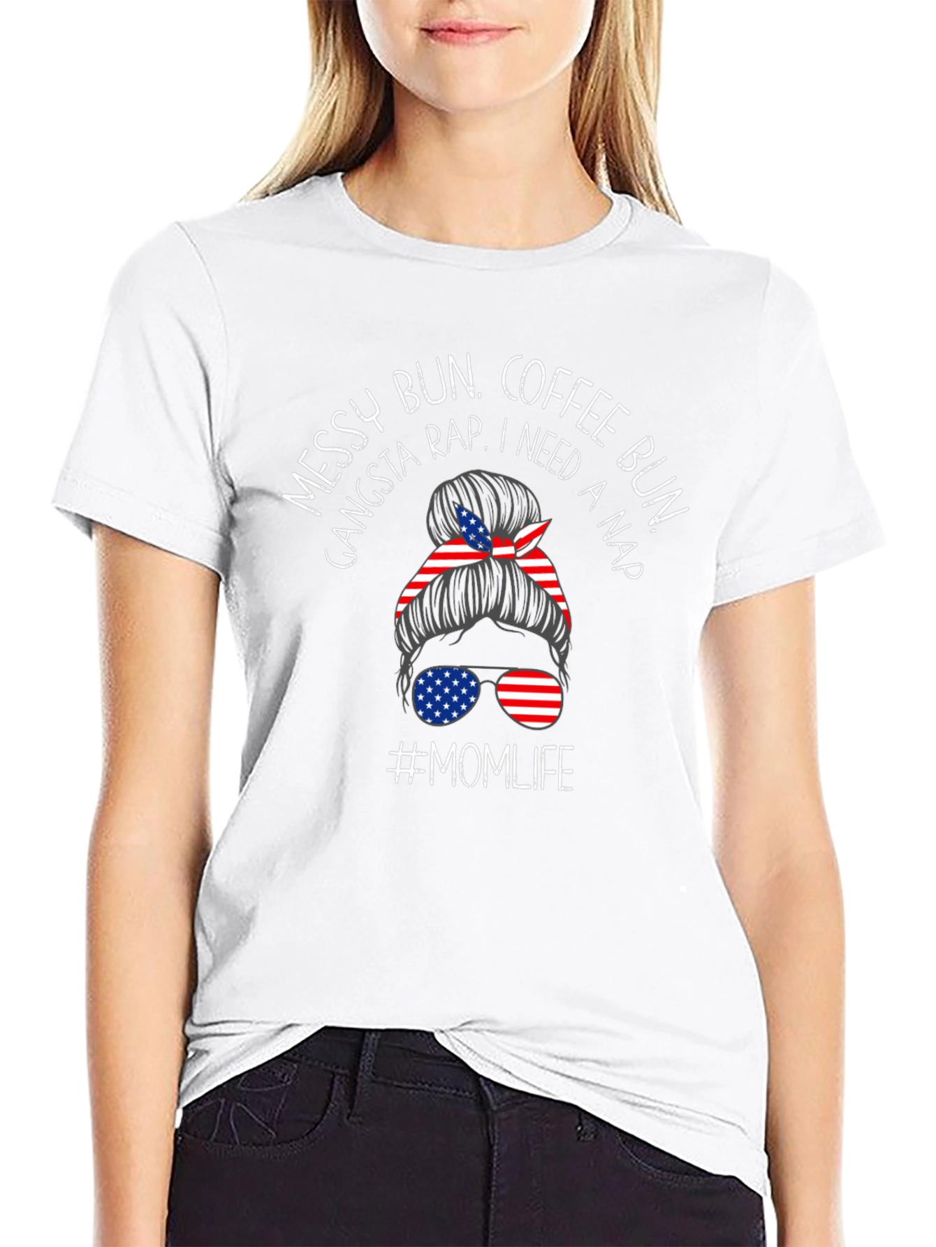 Messy Bun Momlife Patriotic Tee