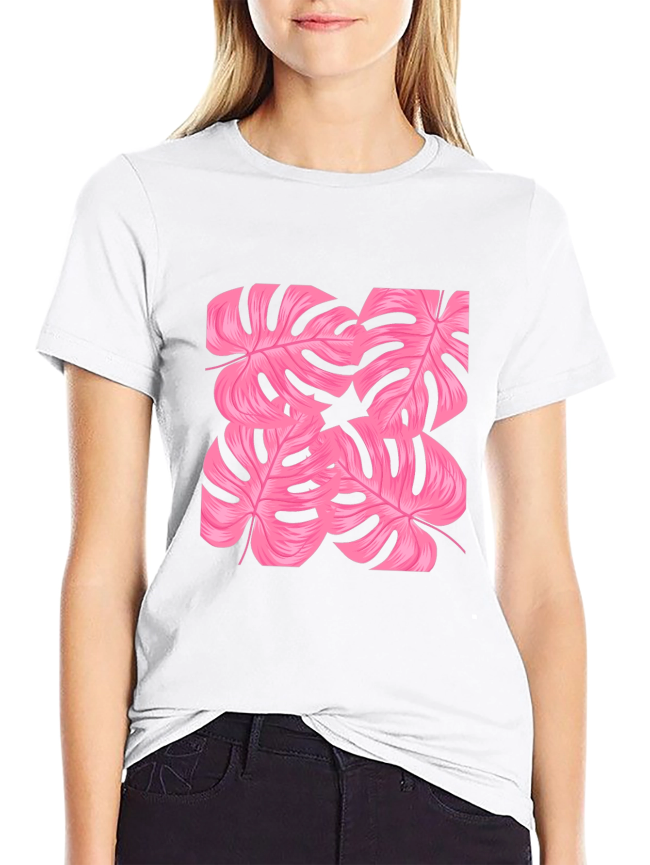 Tropical Pink Monstera Leaf Print Black T-Shirt