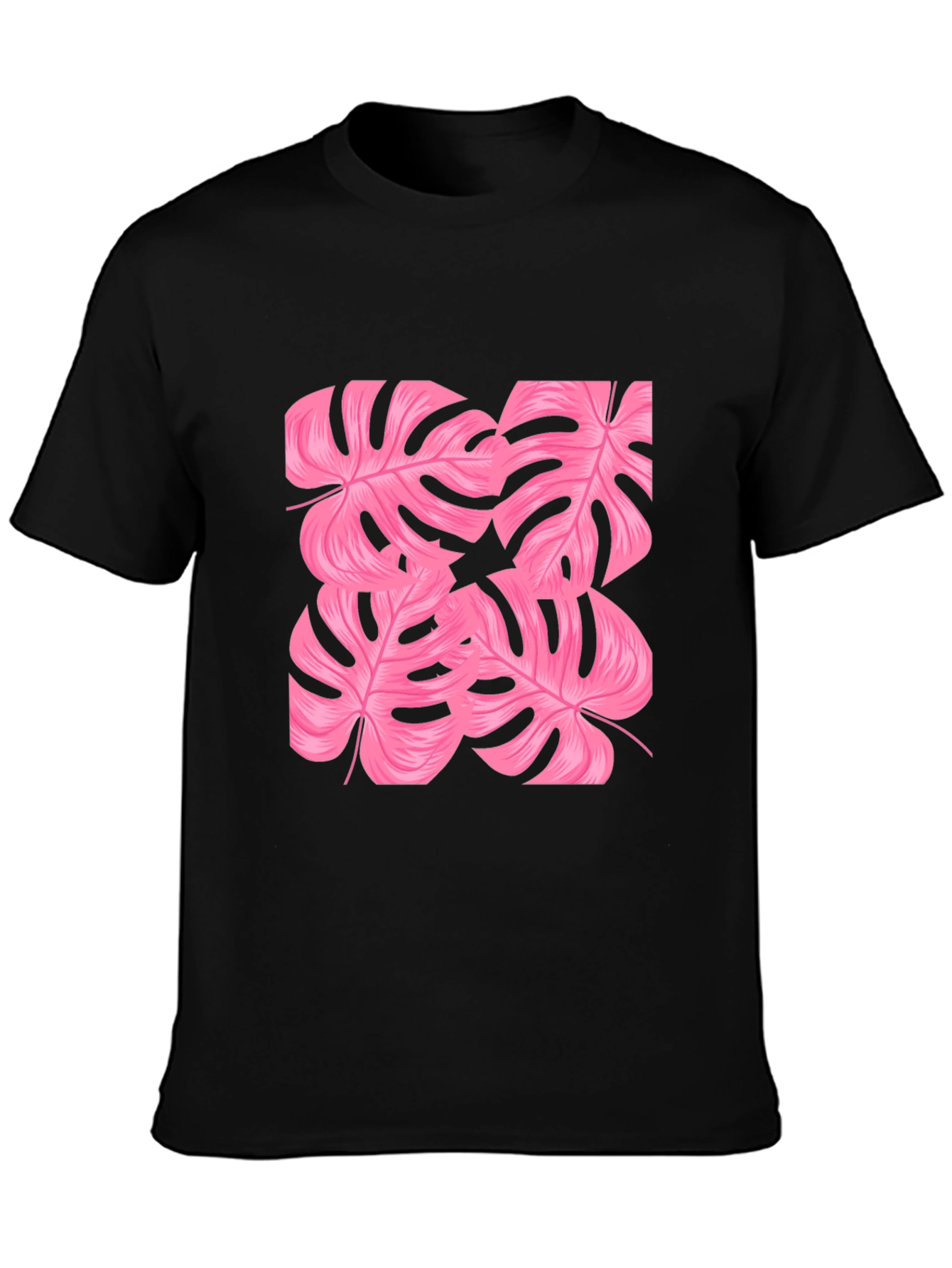 Tropical Pink Monstera Leaf Print Black T-Shirt