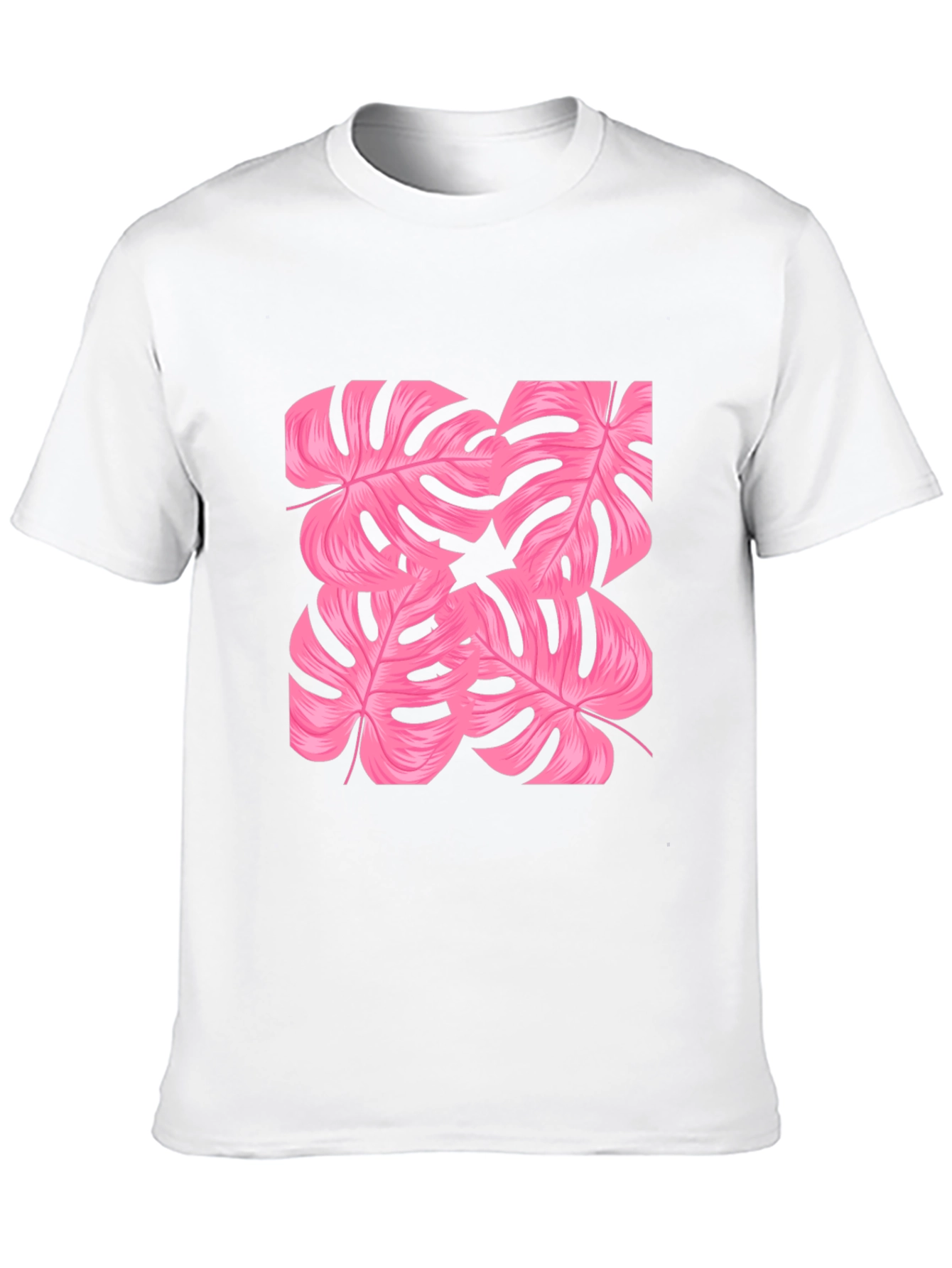 Tropical Pink Monstera Leaf Print Black T-Shirt