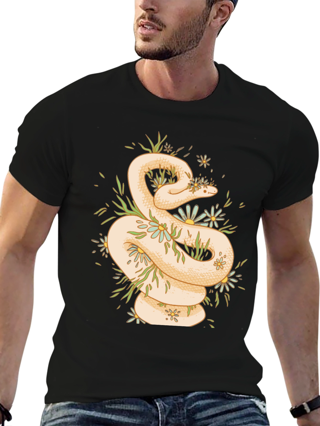 Snake & Flowers Graphic T-Shirt - Black